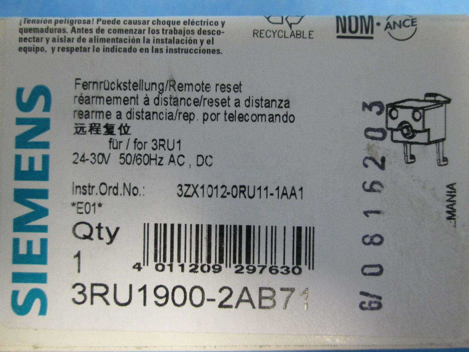 Siemens Remote Reset 3RU1900-2AB71 24-30V 50/60Hz AC