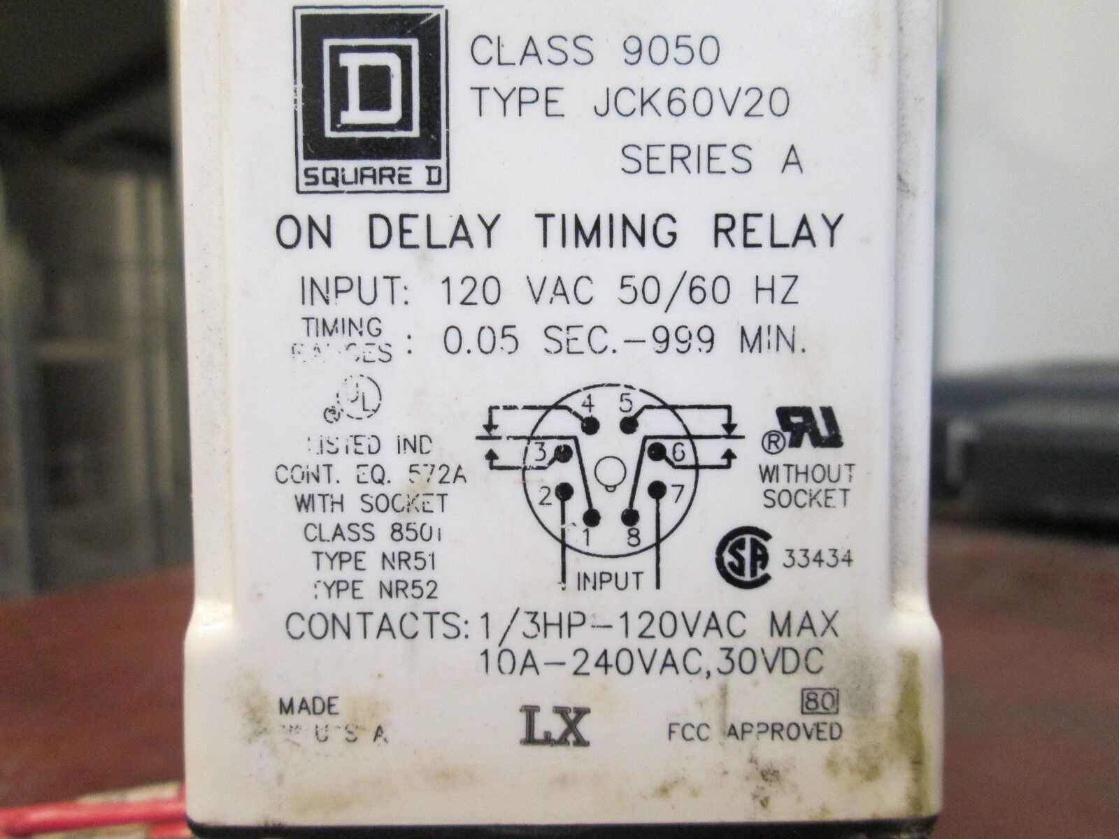 Square D Timing Relay 9050 JCK60V20 Input: 120V AC .05sec-999min Used