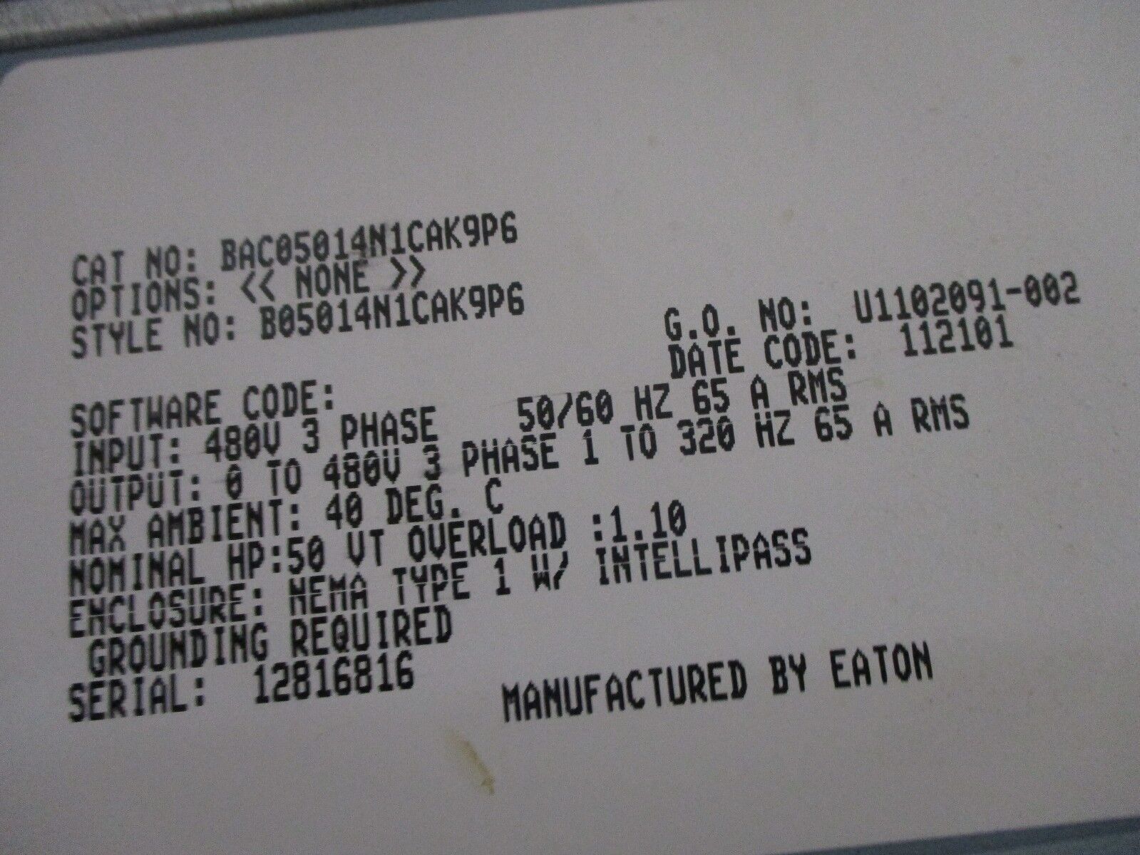 Eaton SUX9000 AC Drive W/ Intellipass SUX040A1-4A1N1 40HP 3Ph Used