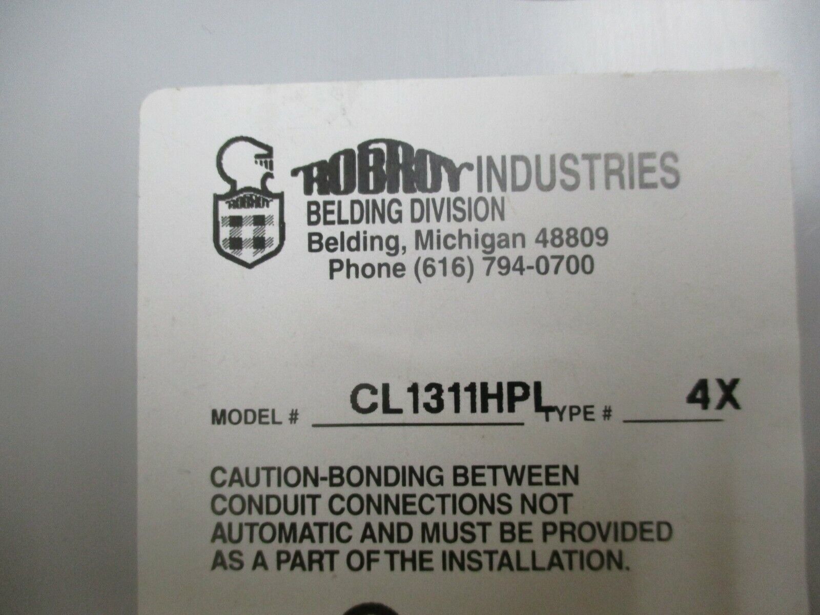 Robroy Type 4X Enclosure CL1311HPL Size: 13x11x6" Used