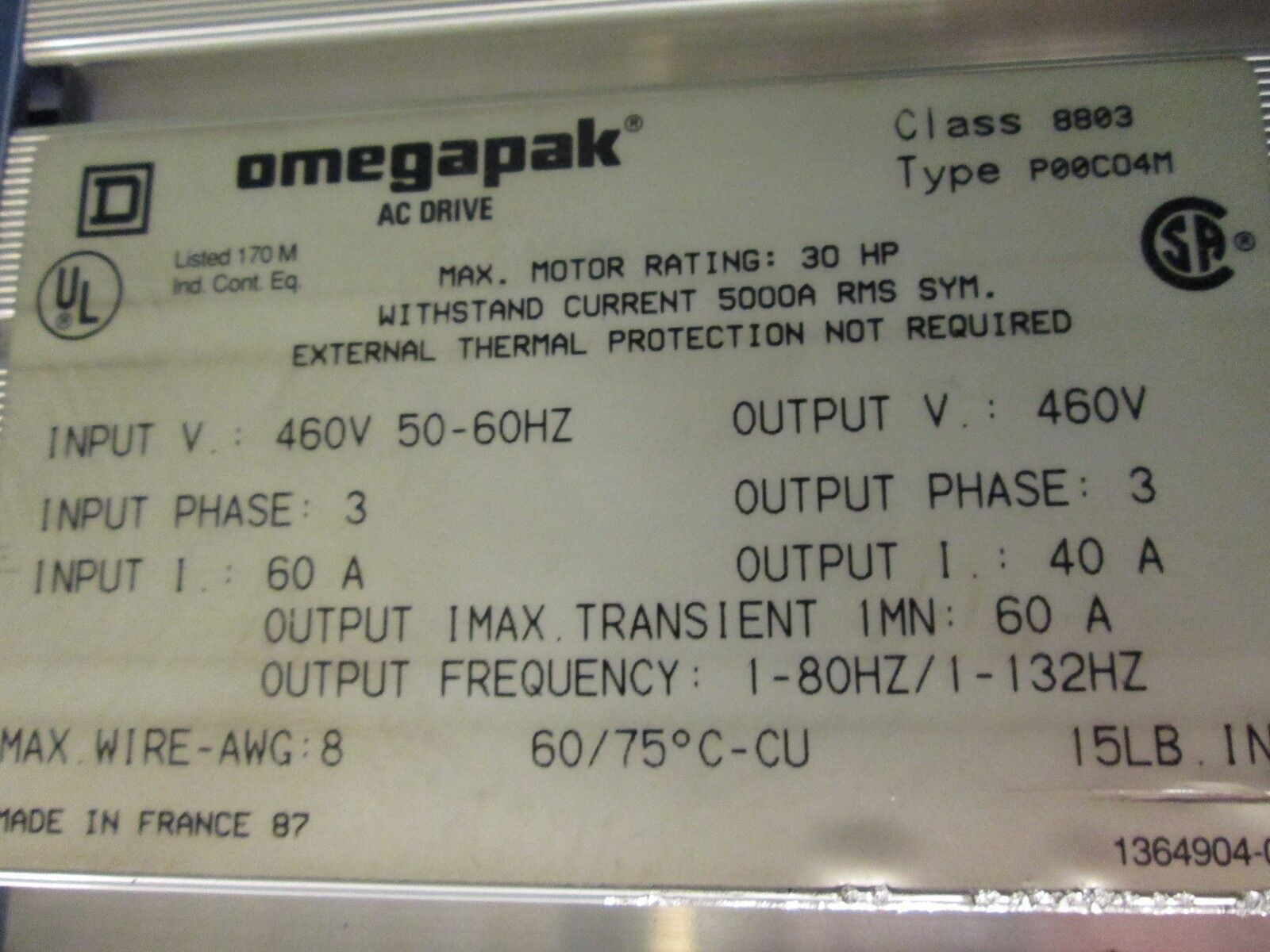 Square D Omegapak AC Drive 8803 P00CO4M 30HP Used