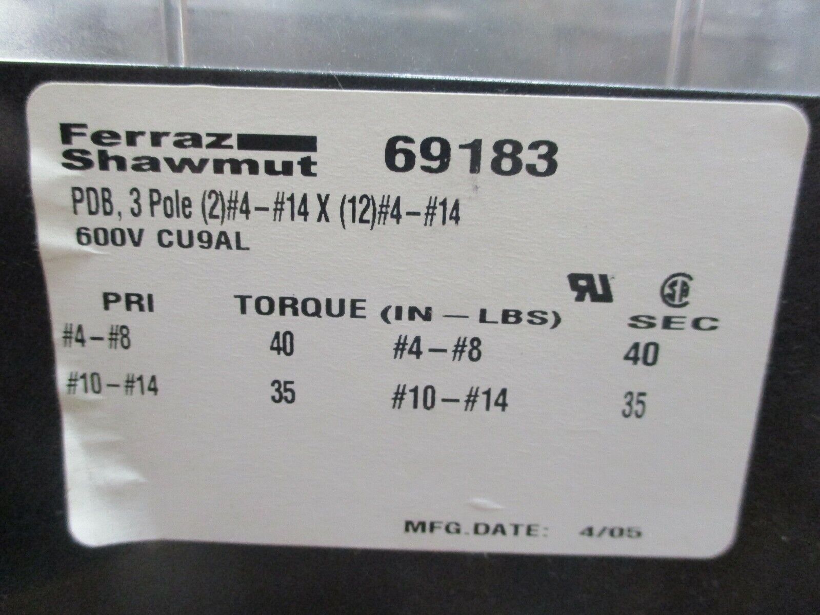 Ferraz Shawmut Power Distribution Block 69183 600V 3P Used