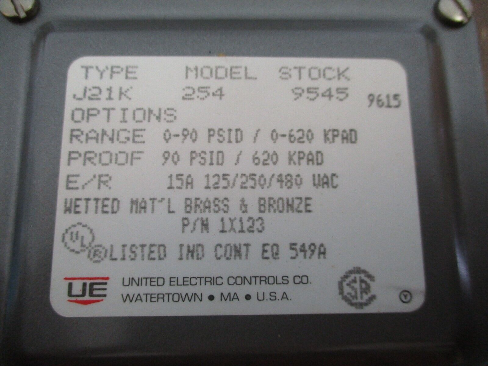 United Electric Controls J21K 254 Pressure Switch 1X123 Range: 0-90PSI