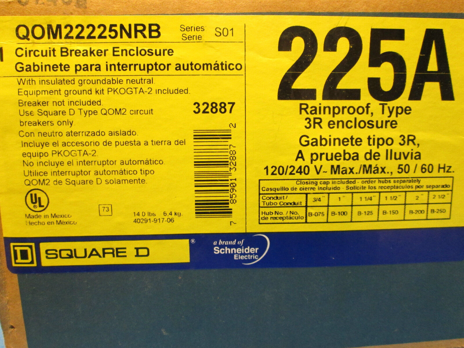 Square D Circuit Breaker Enclosure QOM22225NRB 225A 120/240V 3R, New Surplus