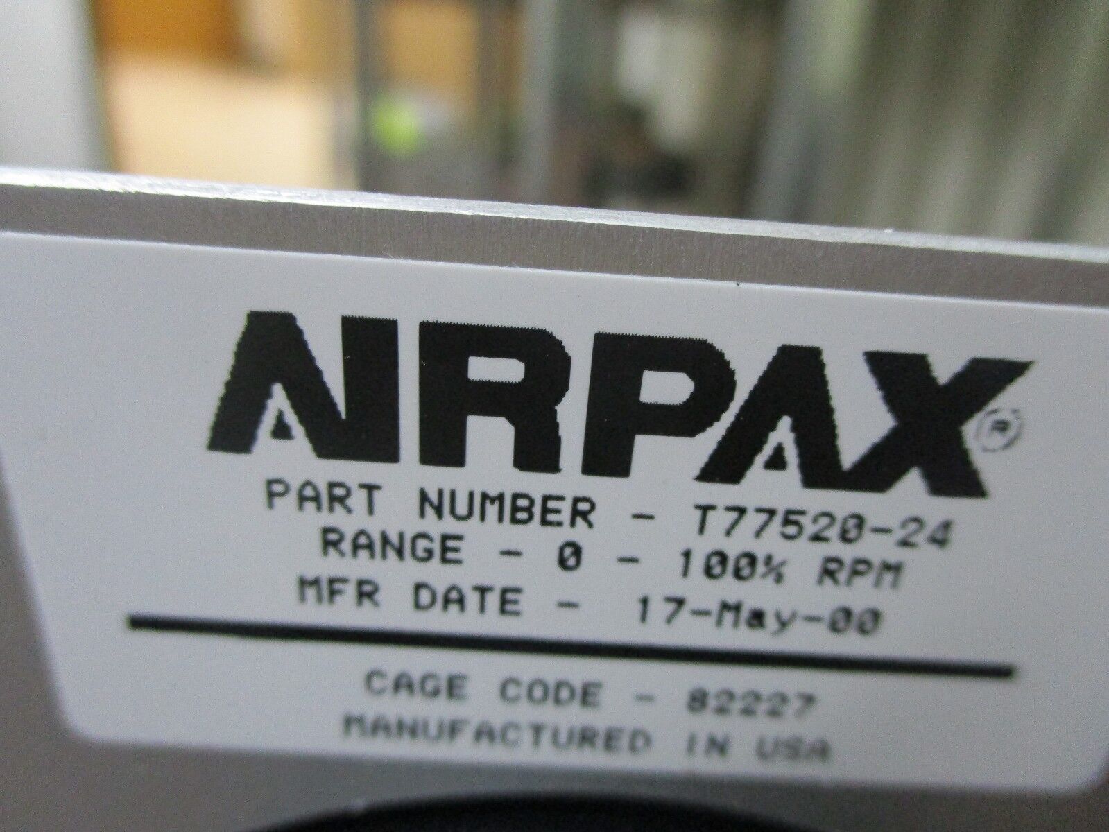 Airpax Tachometer T77520-24 Range: 0-100% RPM New Surplus