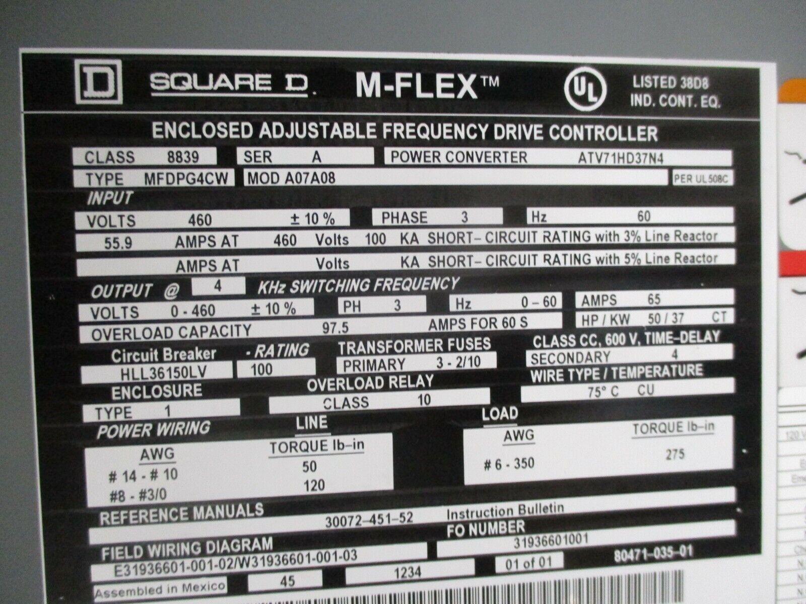 Square D M-Flex AC Drive 8839 MFDPG4CW 50HP 3Ph 460V Type 1 Enclosure Used