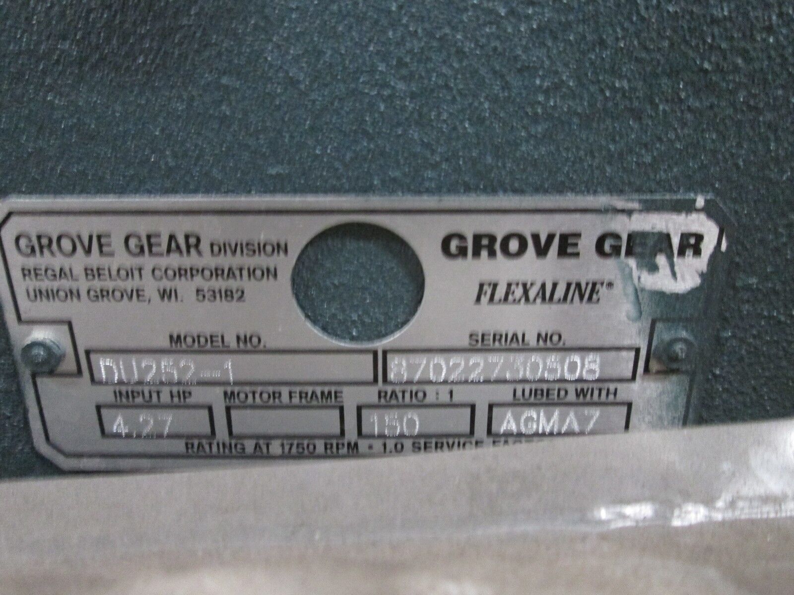 Grove Gear Flexaline Gear Worm DU252-1 4.27HP 150:1 ratio 1750RPM Used