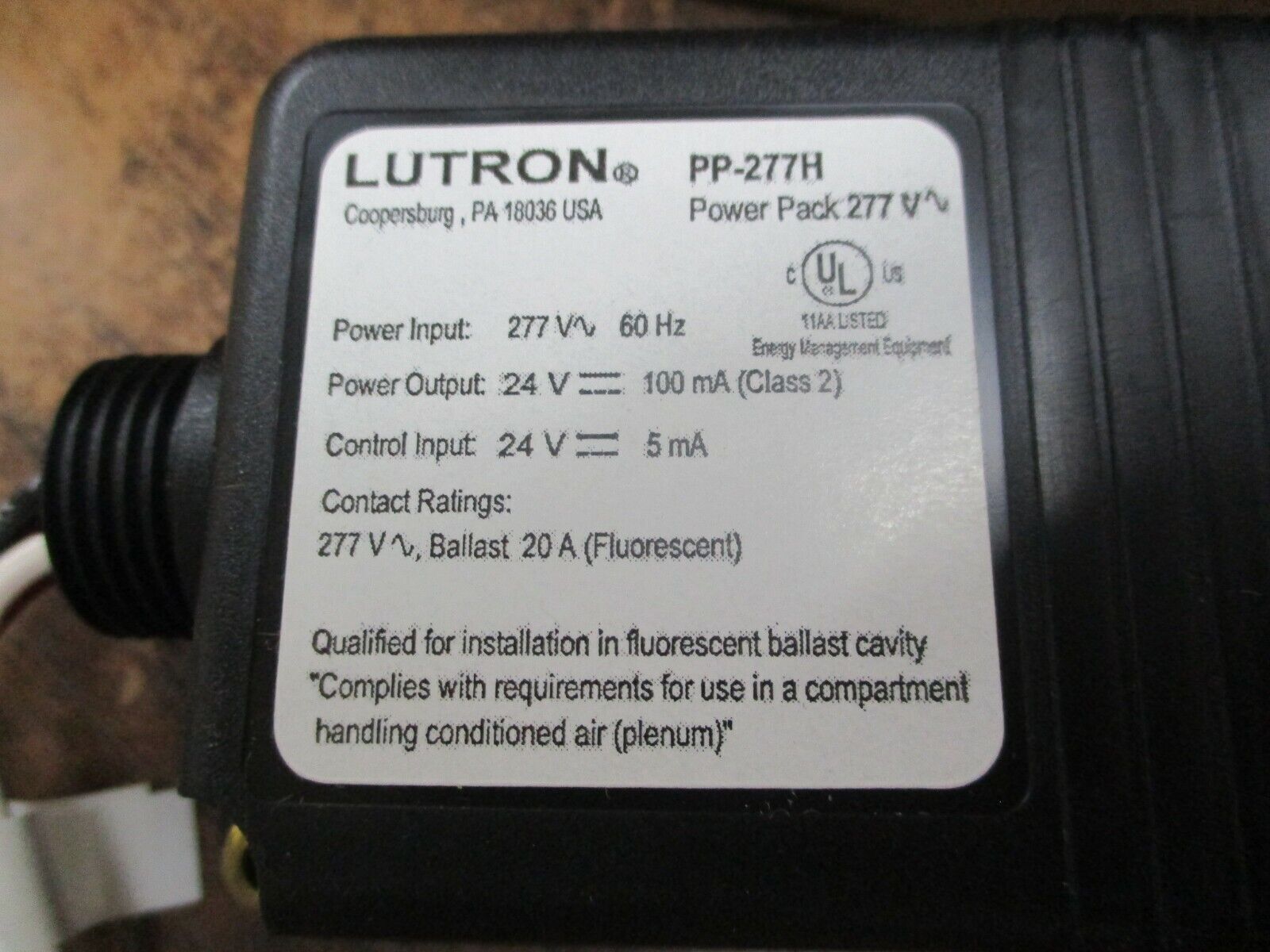 Lutron Power Pack PP-277H Input: 277V 60Hz Output: 24VDC 100mA Conrol: 24VDC 5mA