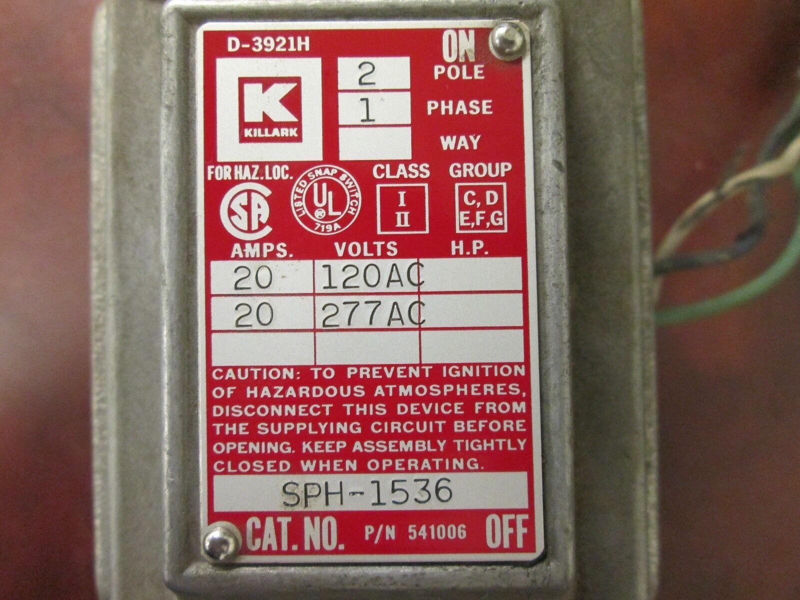 Killark Pressure Switch 541006 2P 1Ph Explosion Proof D-3921H 20A 120/277V AC