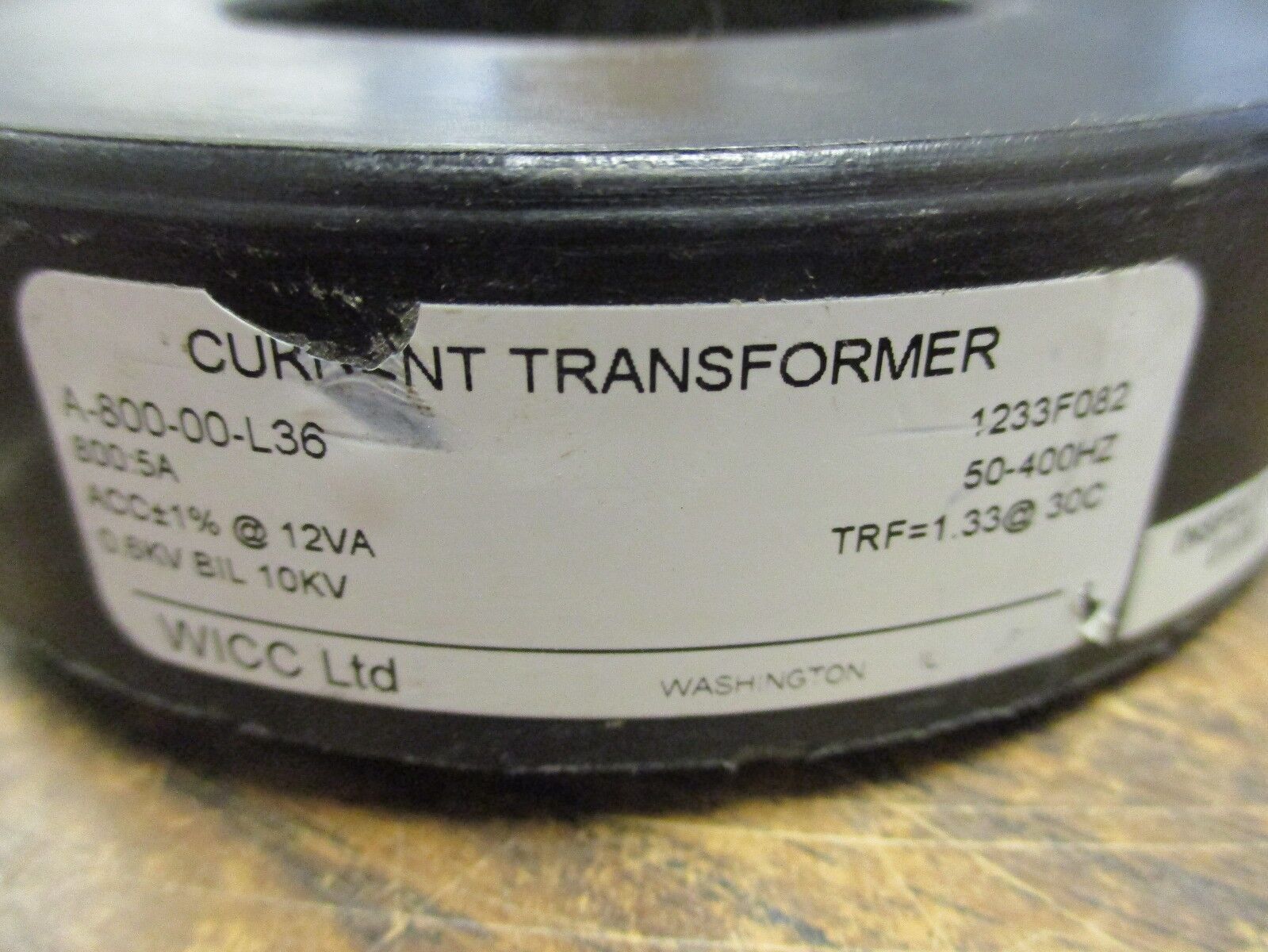 WICC Current Transformer A-800-00-L36 Ratio 800:5A 600V 50-400Hz 10KV BIL Used