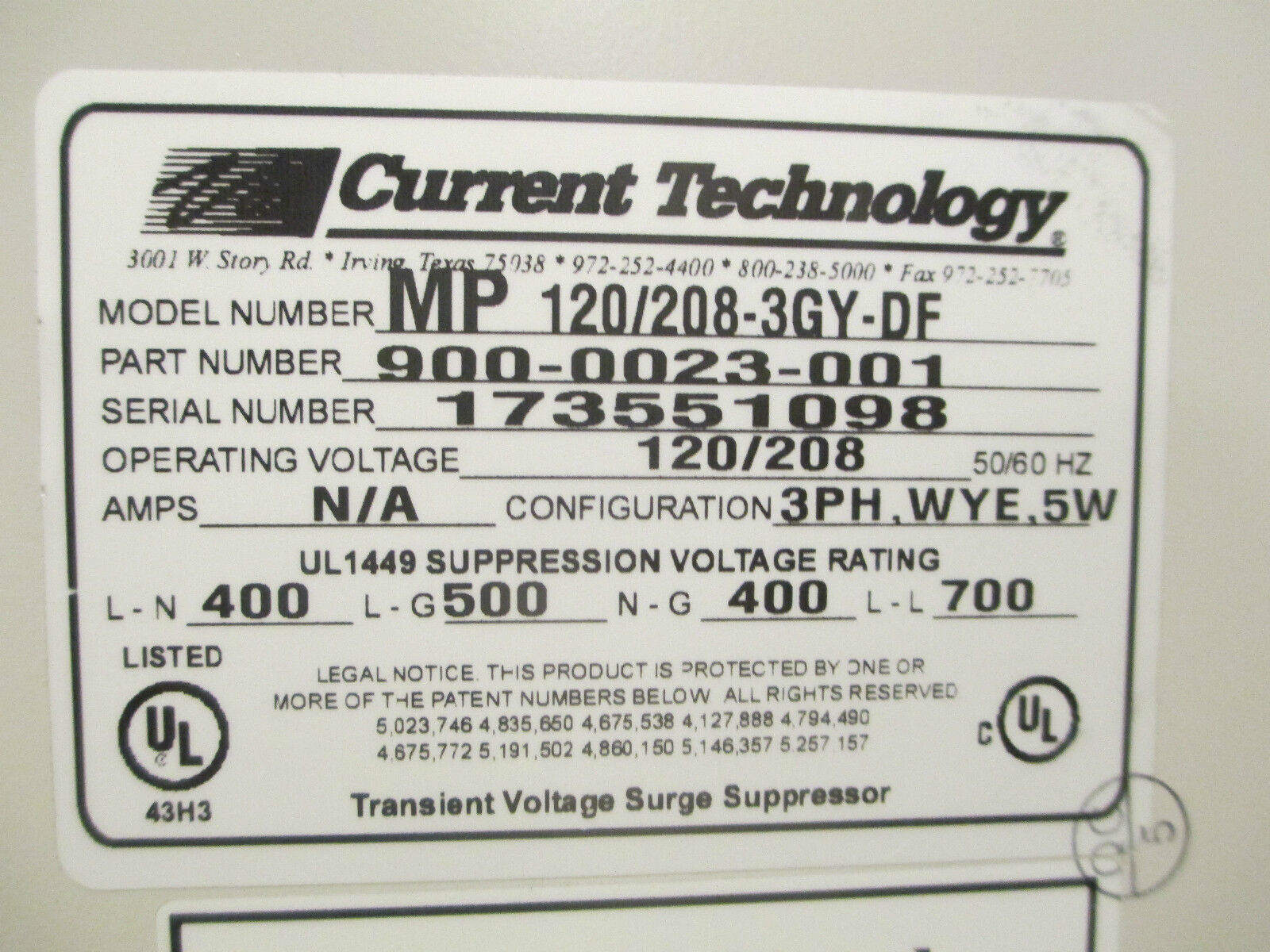 Current Technology Transient Voltage Surge Suppressor MP 120/208-3GY-DF Used