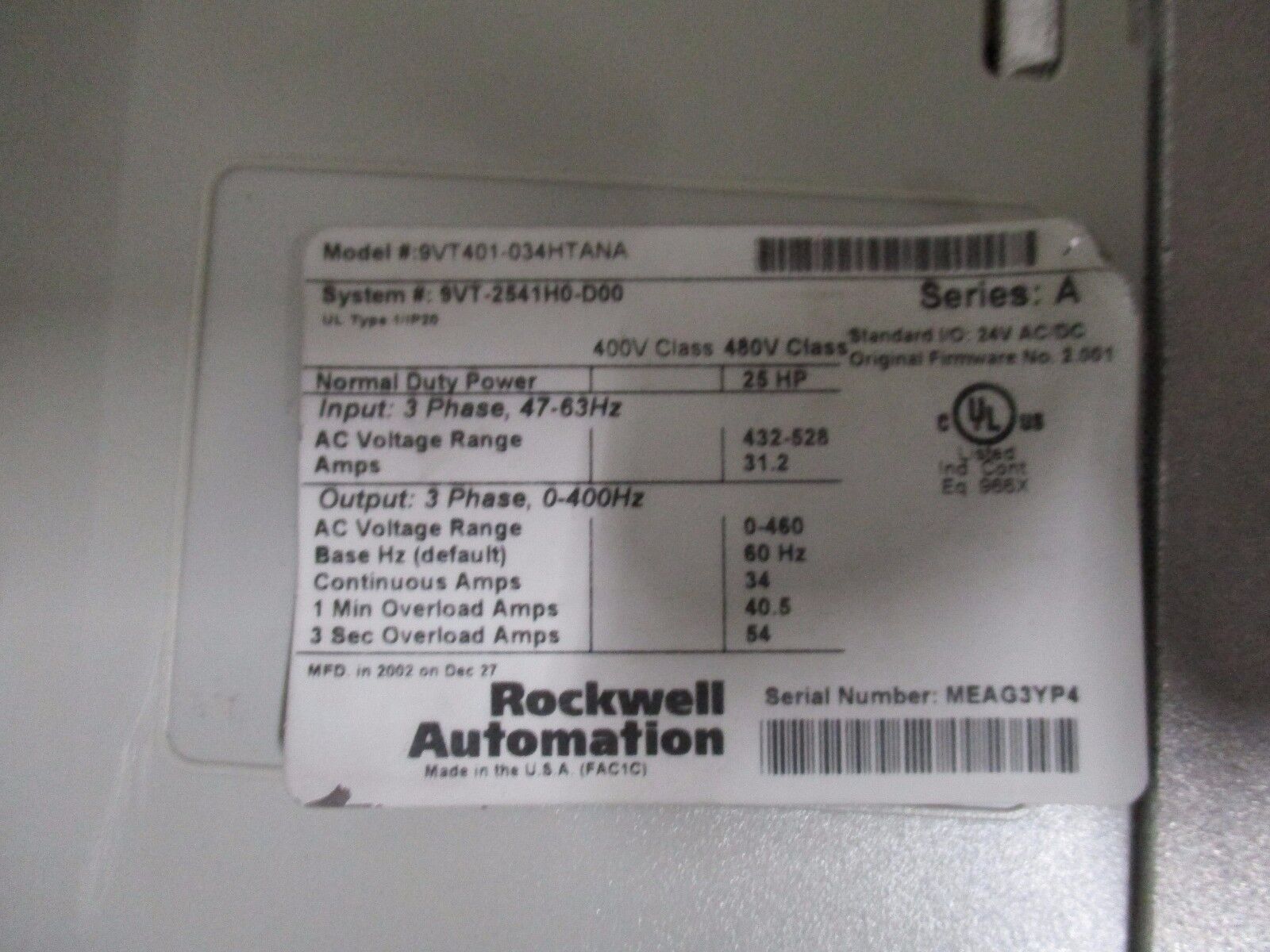 Rockwell Automation VTAC AC Drive 9VT401-034HTANA 25HP 3Ph Used