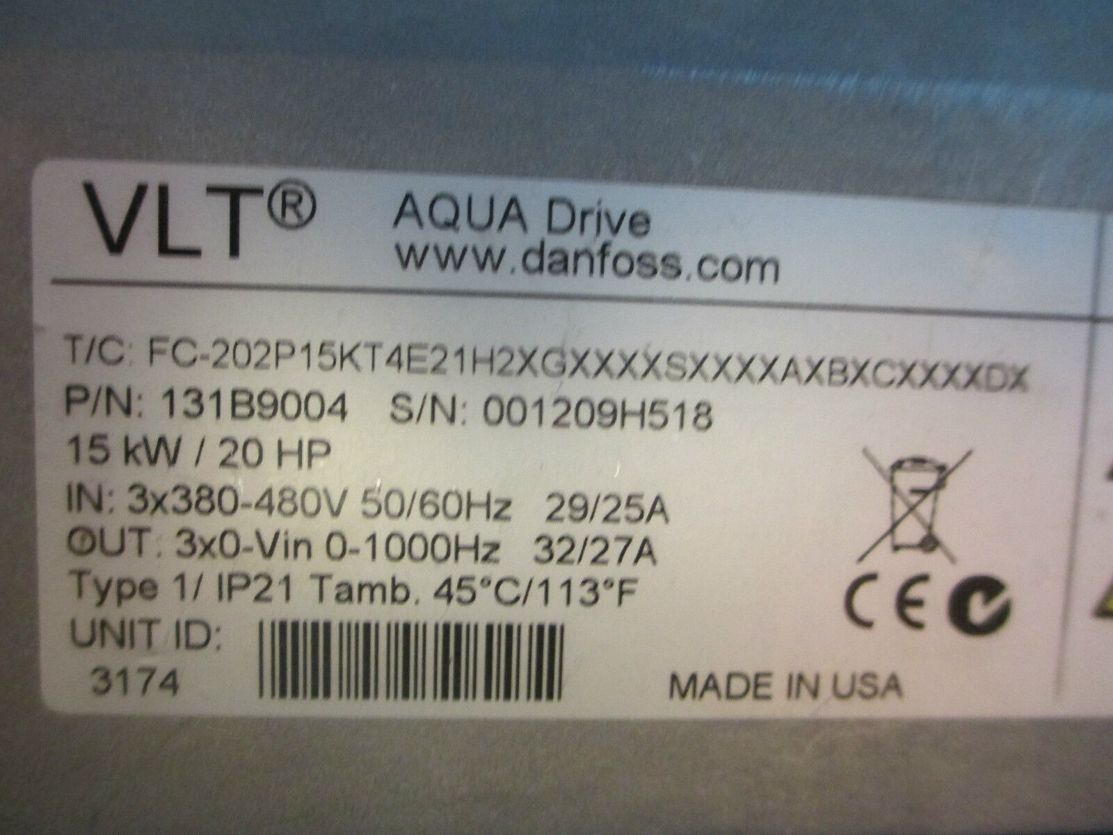 Danfoss Aqua Drive 131B9004, 15KW 20HP 460V