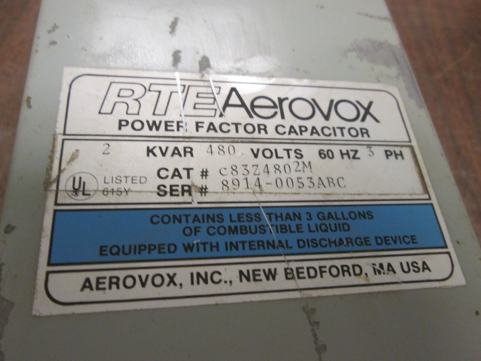 RTE Aerovox Power Factor Capacitor C83Z4802M 2KVAR 480V 60Hz 3Ph Used