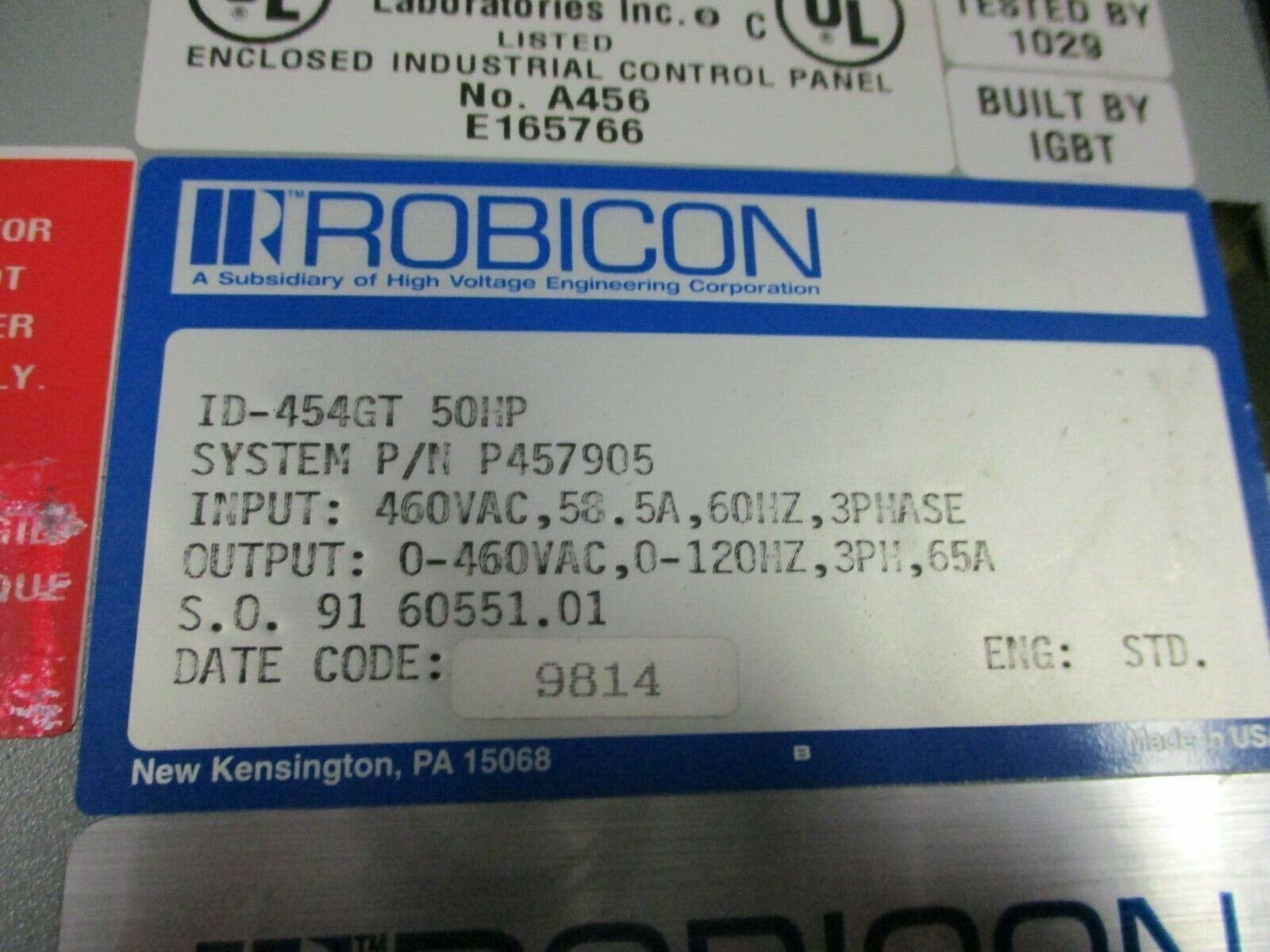 Robicon AC Drive ID-454GT 50HP 3Ph 460V *No Keypad* Used