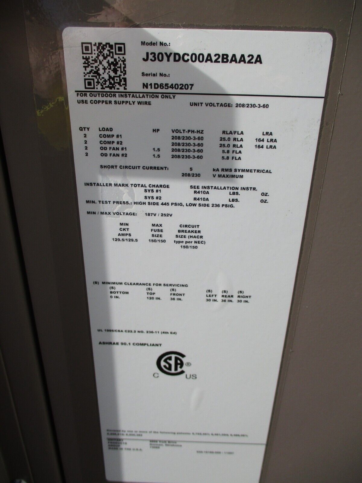 Johnson Controls Split System Condensing Unit J30YDC00A2BAA2A 30 Ton 208/230V