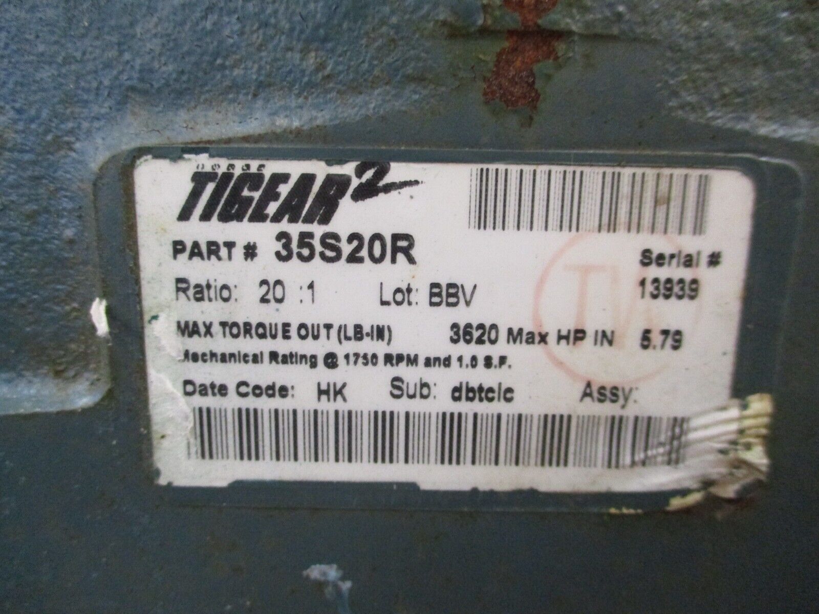 Tigear 2 Gear Reducer 35A20R Ratio 20:1 1750 RPM In 5.79 HP 3620 LB-In Torque