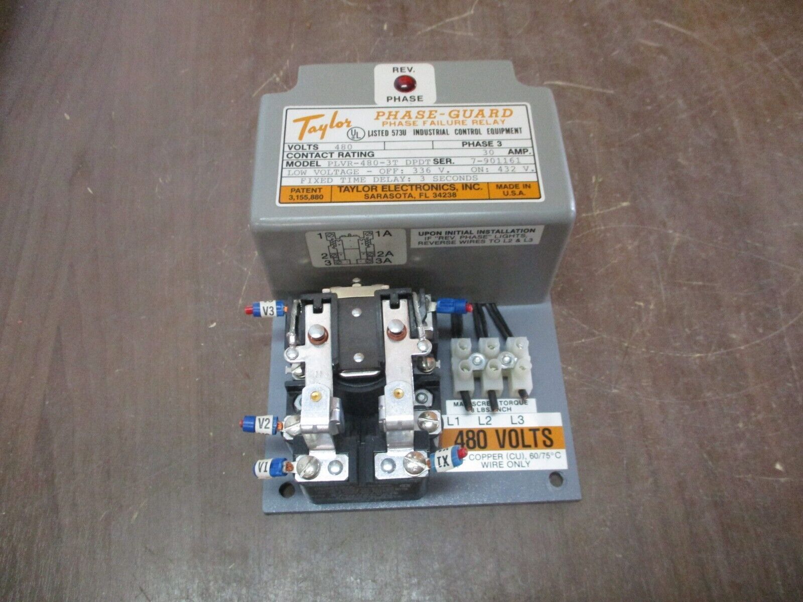 Taylor Phase-Guard Phase Failure Relay PLVR-480-3T DPDT 30A 480V 3Ph Used