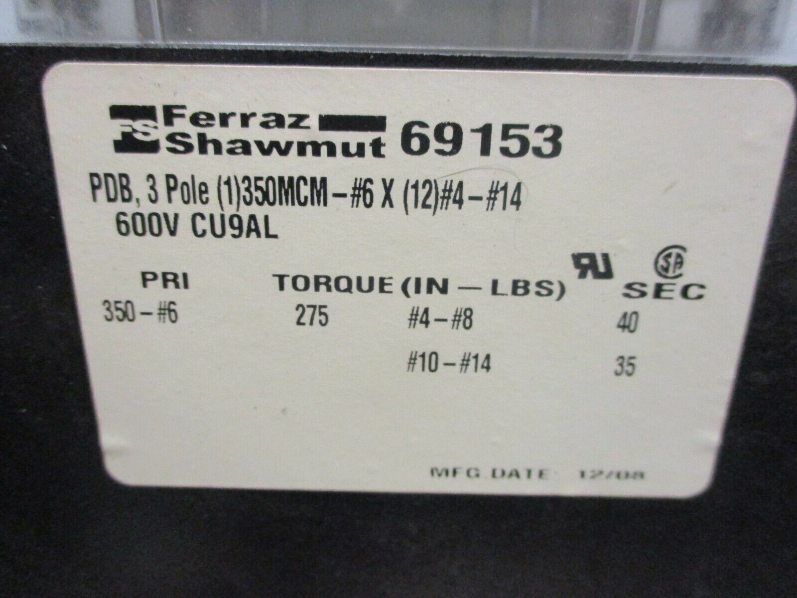 Ferraz Shawmut Power Distribution Black 69153 400A Used