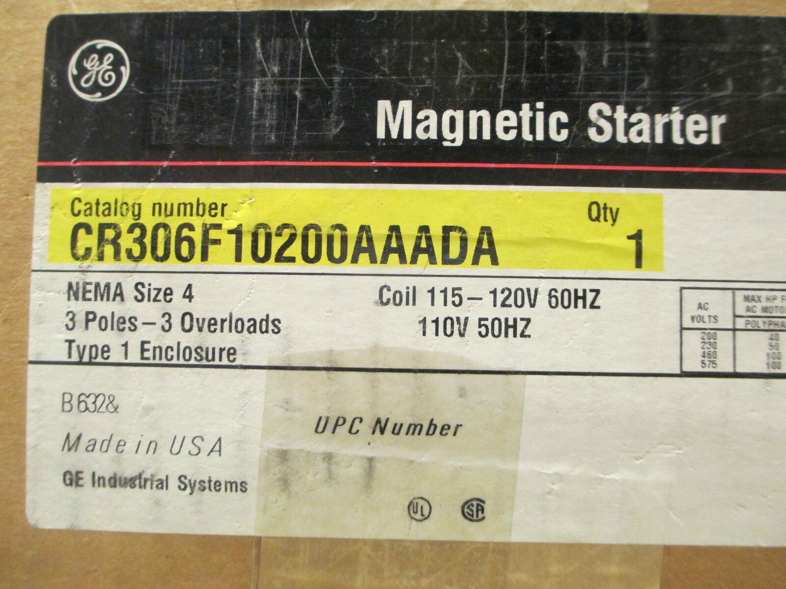 GE Starter With Enclosure CR306F10200AAADA, Size 4 115-120V Coil, New Surplus