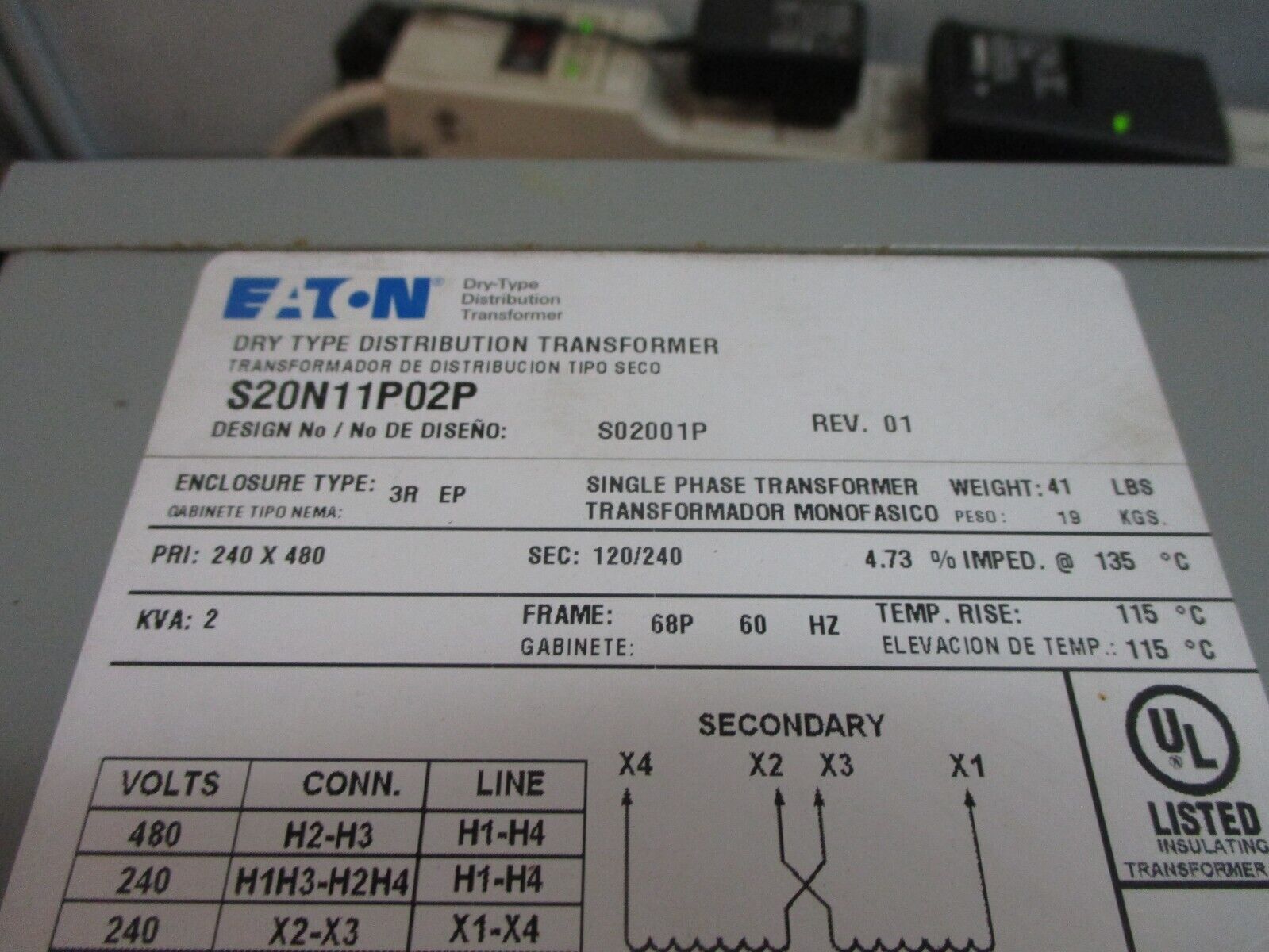 Eaton 3R Transformer S20N11P02P Rev. 01 2kVA Pri: 240/480V Sec: 120/240V 60Hz