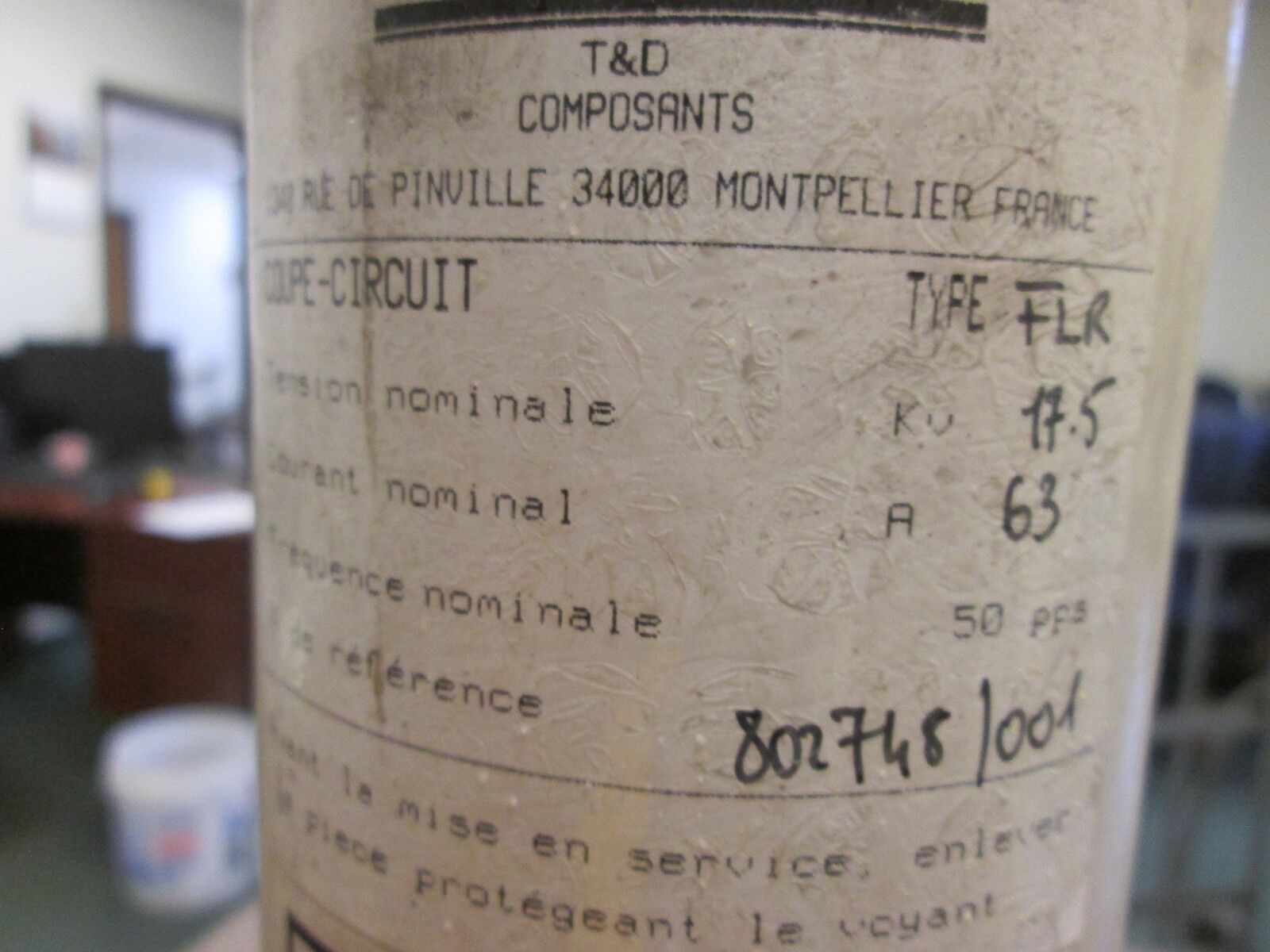 GEC Alsthom Type FLR Fuse 802768/001 17.5KVA 63A Used