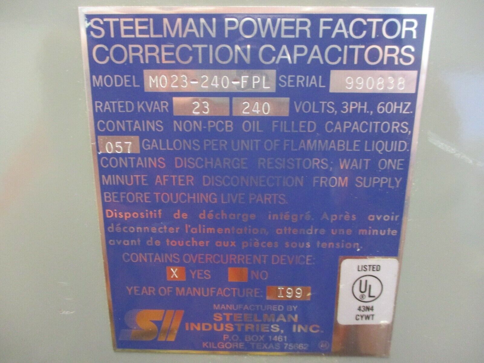 Steelman Capacitor M023-240-FPL 23kVAR 240V Used