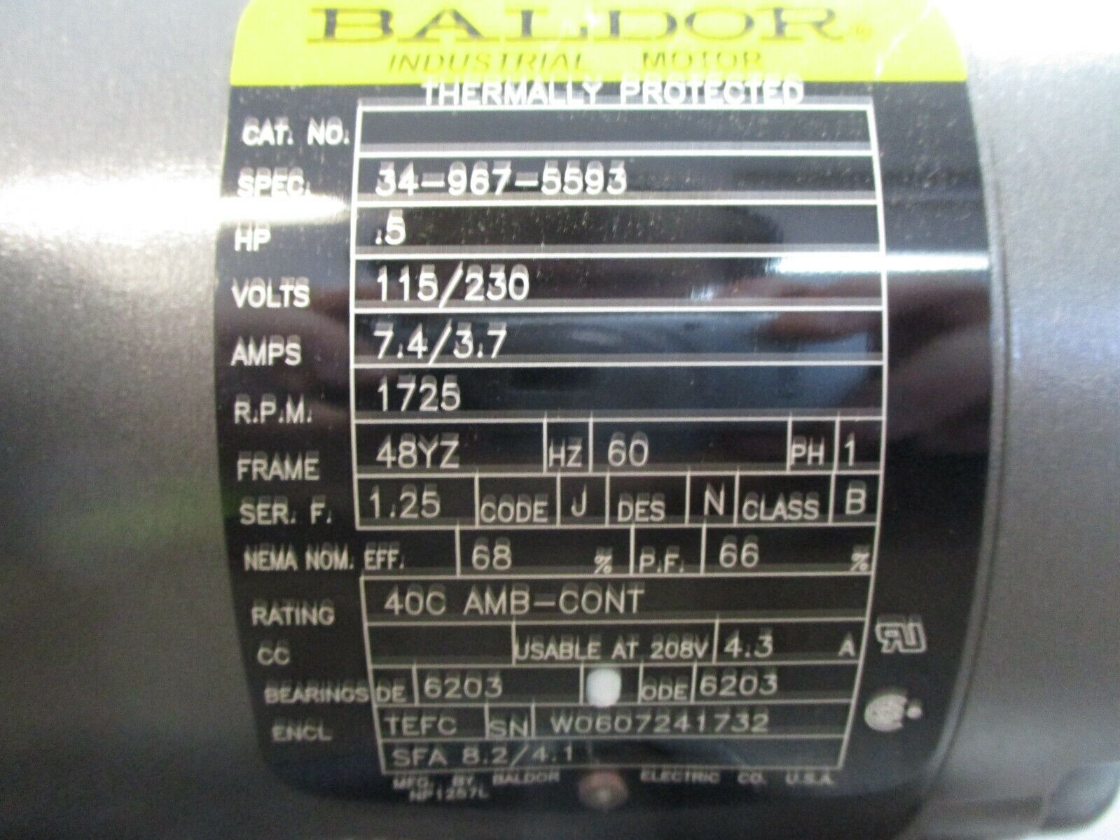 Baldor Industrial Motor 0.5HP 115/230V 7.4/3.7A 1800RPM 60Hz 1Ph *No Box*