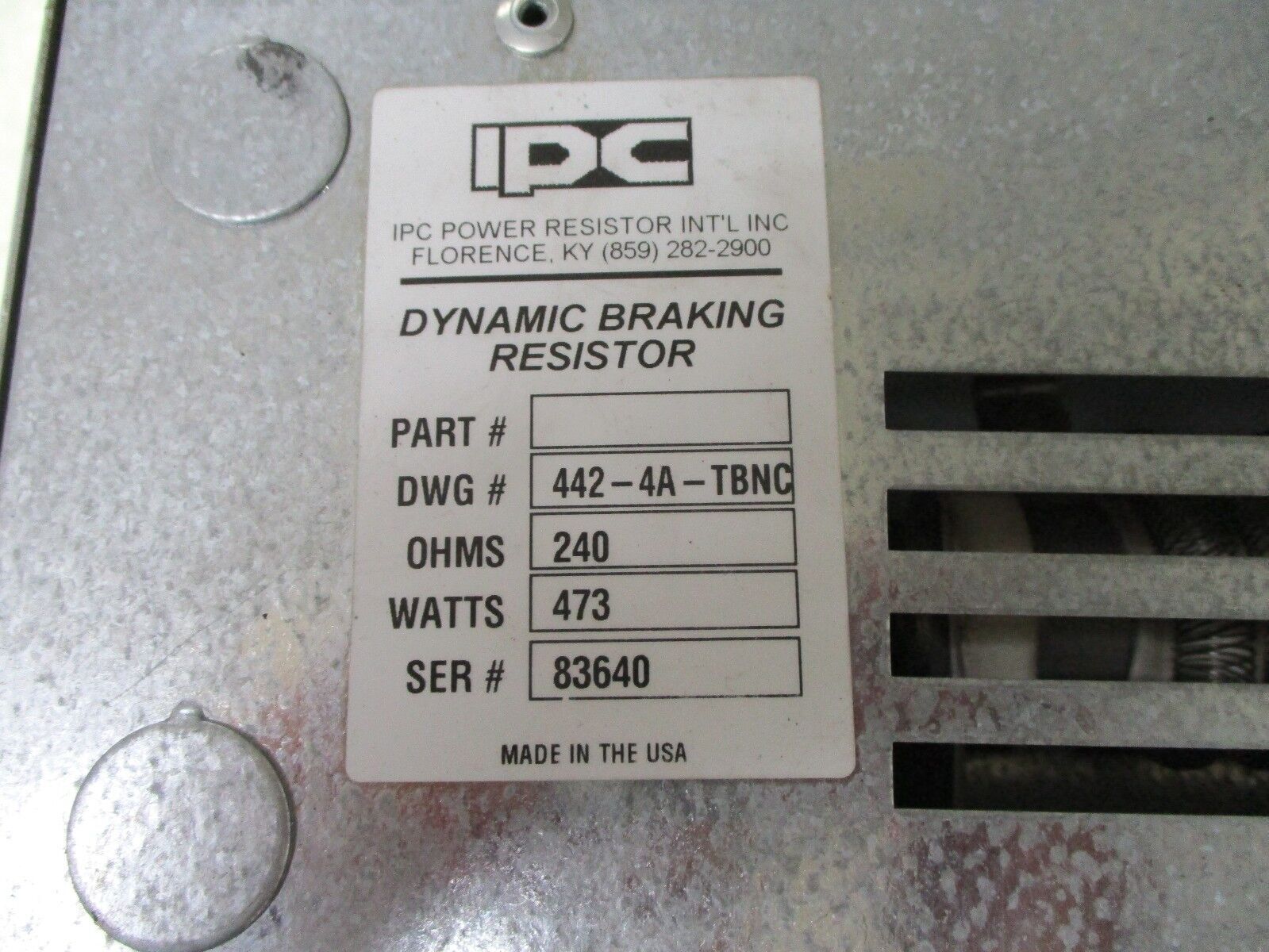 IPC Dynamic Braking Resistor DWG#442-4A-TBNC 240 Ohms 473W Used