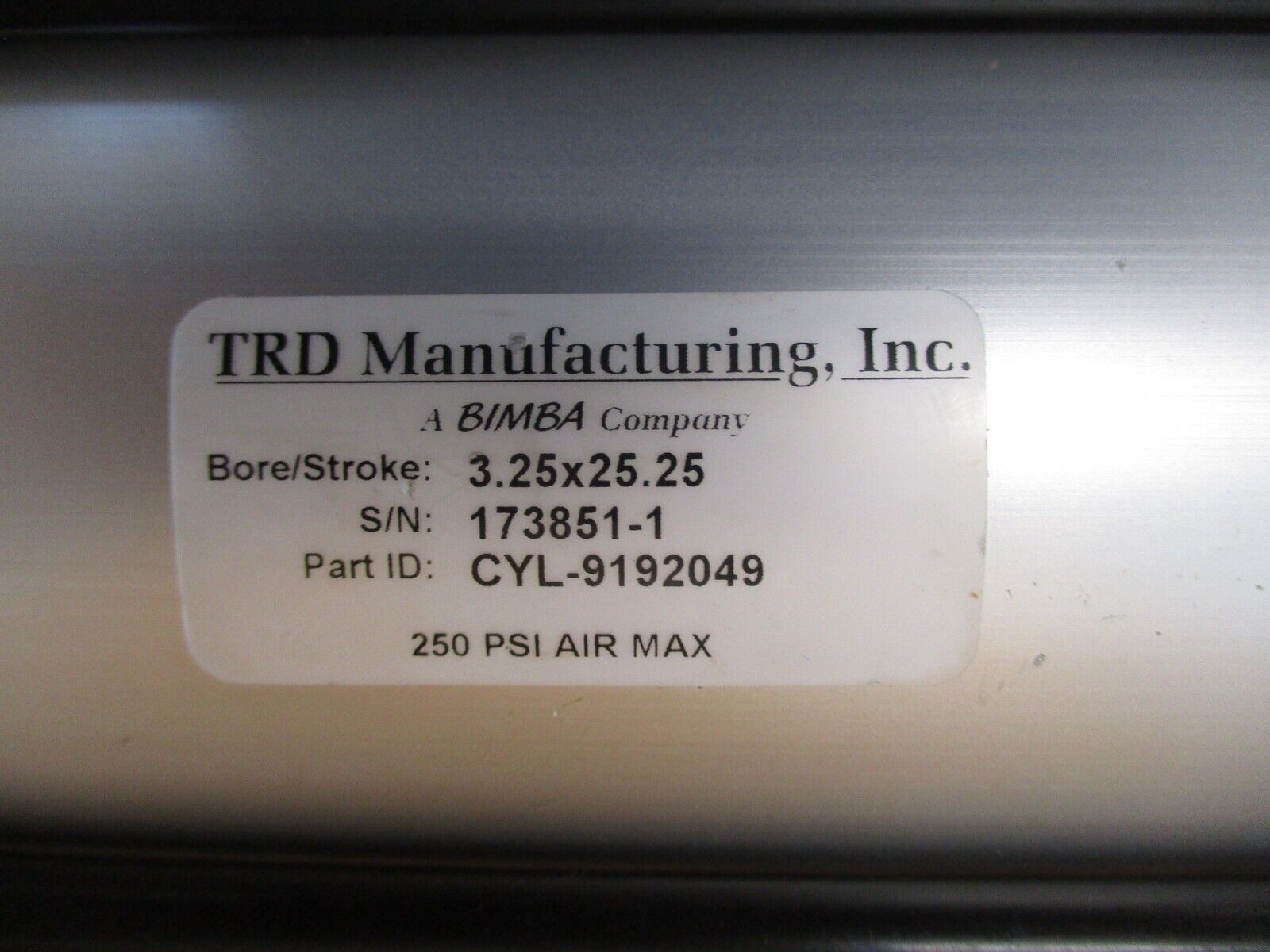 TRD Air Cylinder CYL-9192049 Bore/Stroke: 3.25 x 25.25 250 PSI Max Used