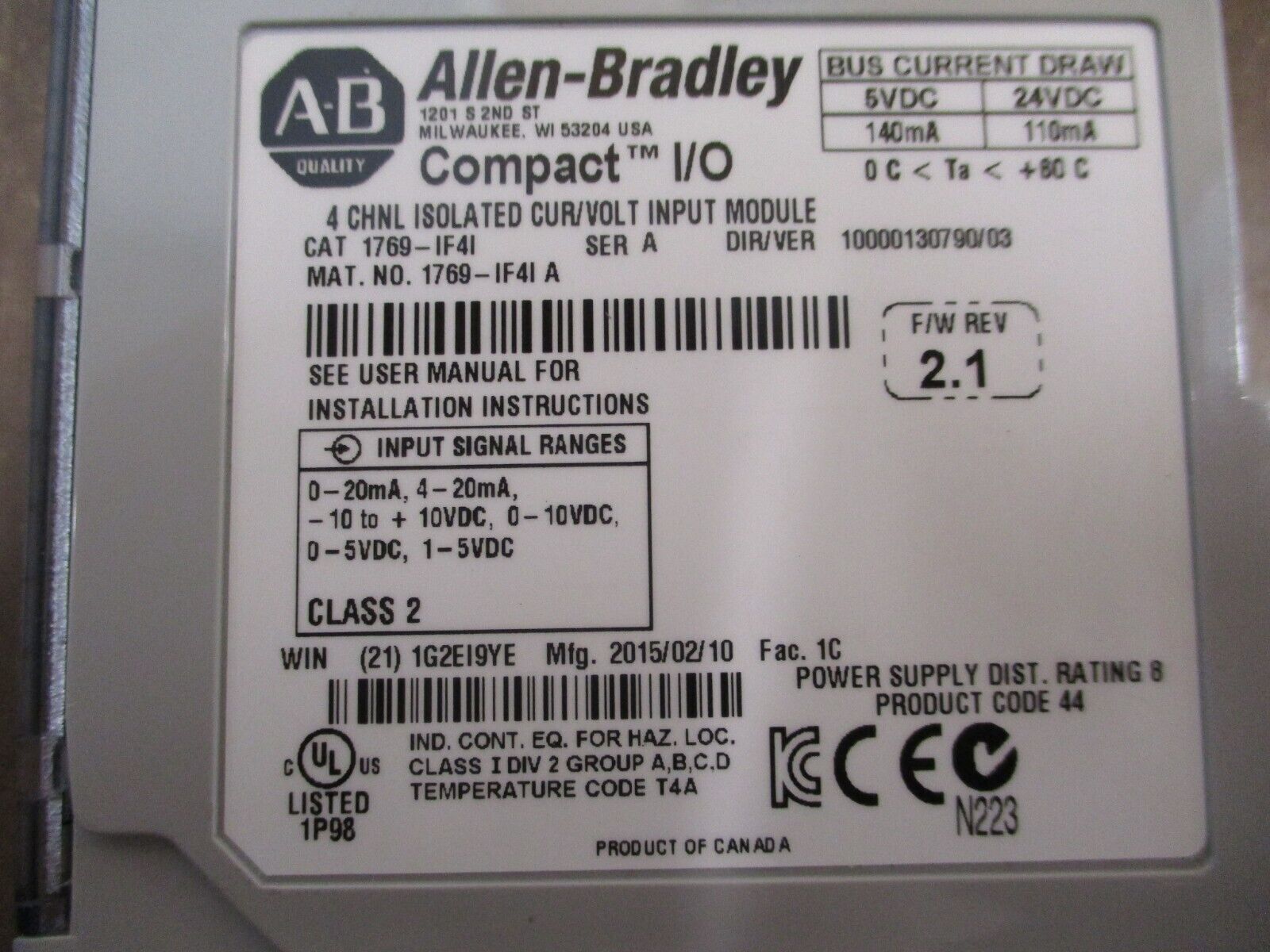 Allen-Bradley Compact I/O Isolated Input Module 1769-IF4I Ser. A F/W Rev. 2.1