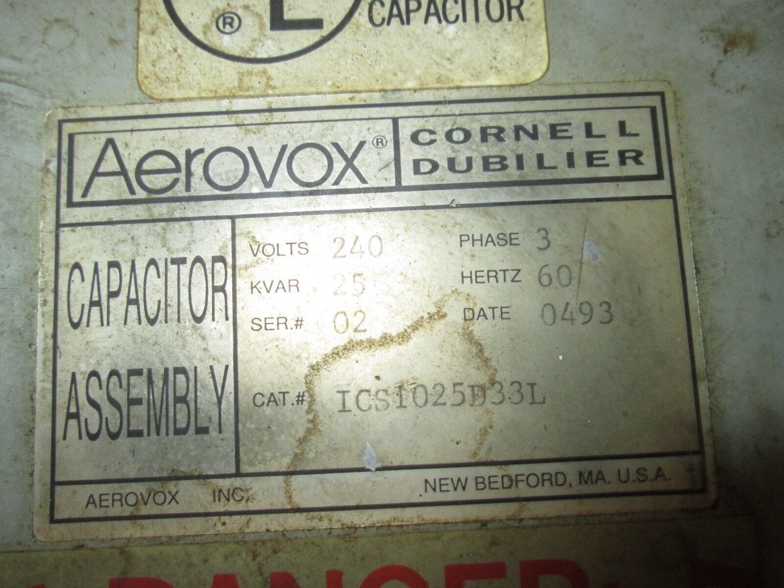 Aerovox / Cornell Dubilier Capacitor ICS7025D33L 25KVAR 240V 3Ph Used