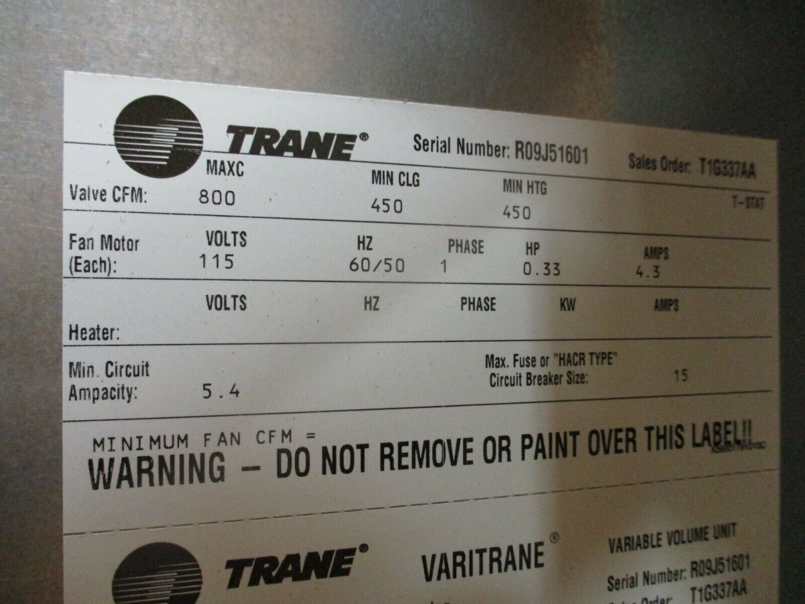 Trane Varitrane Fan-Powered Series VAV Terminal VPWF1000QL0DD03FD1204R 800CFM