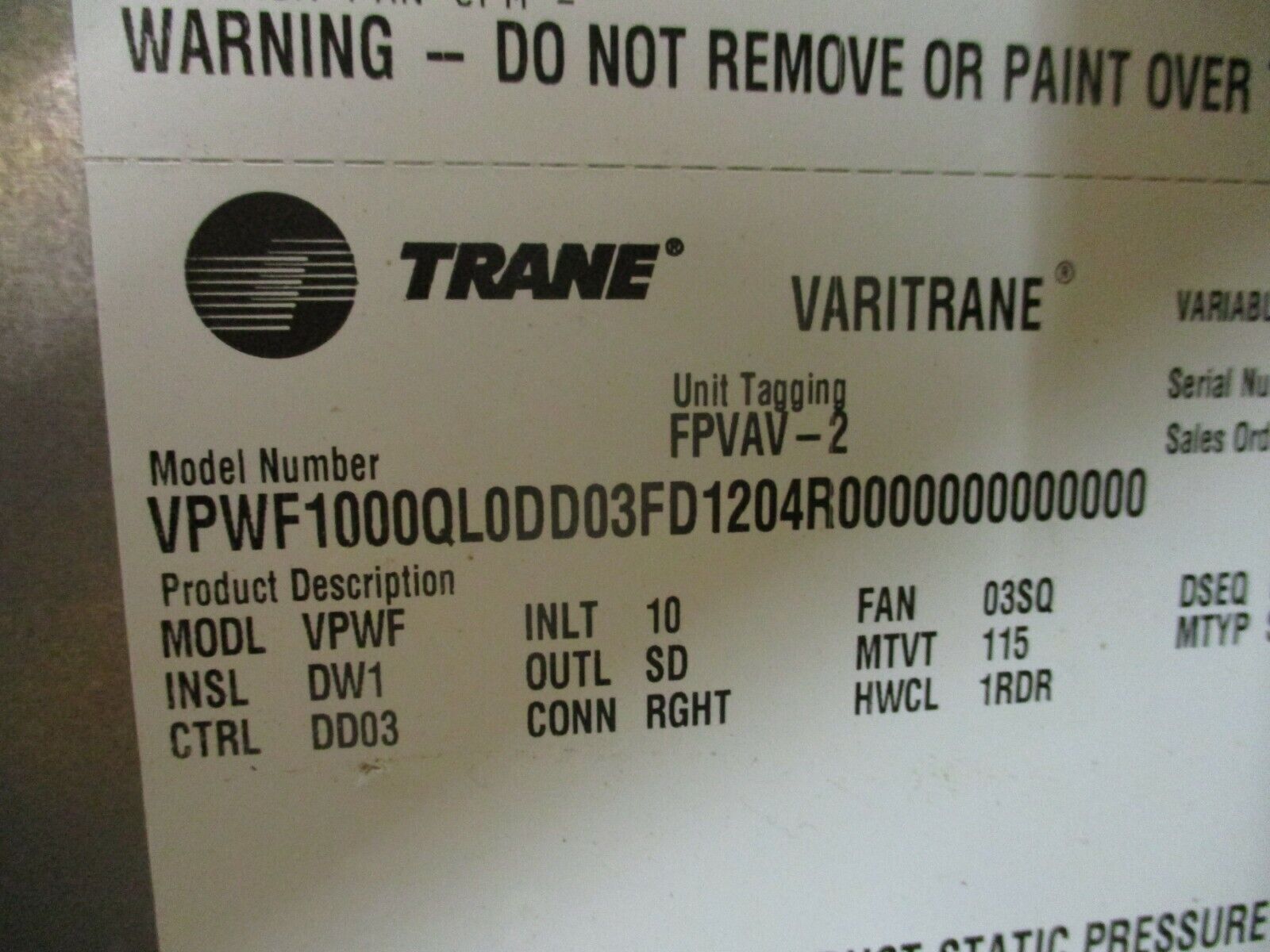 Trane Varitrane Fan-Powered Series VAV Terminal VPWF1000QL0DD03FD1204R 800CFM