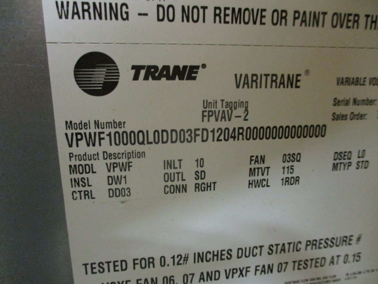 Trane Varitrane Fan-Powered Series VAV Terminal VPWF1000QL0DD03FD1204R 800CFM