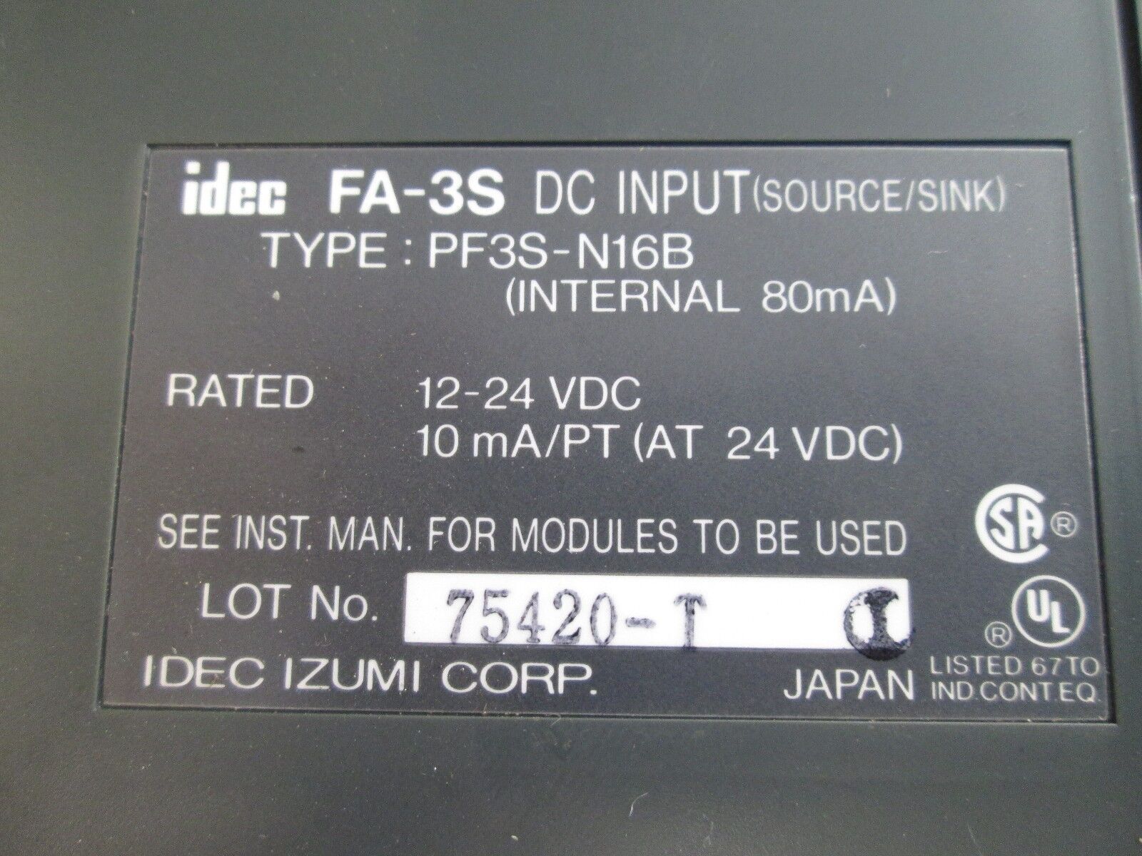 IDEC Input Module PF3S-N16B 12-24VDC 10mA/PT Internal: 80mA Used