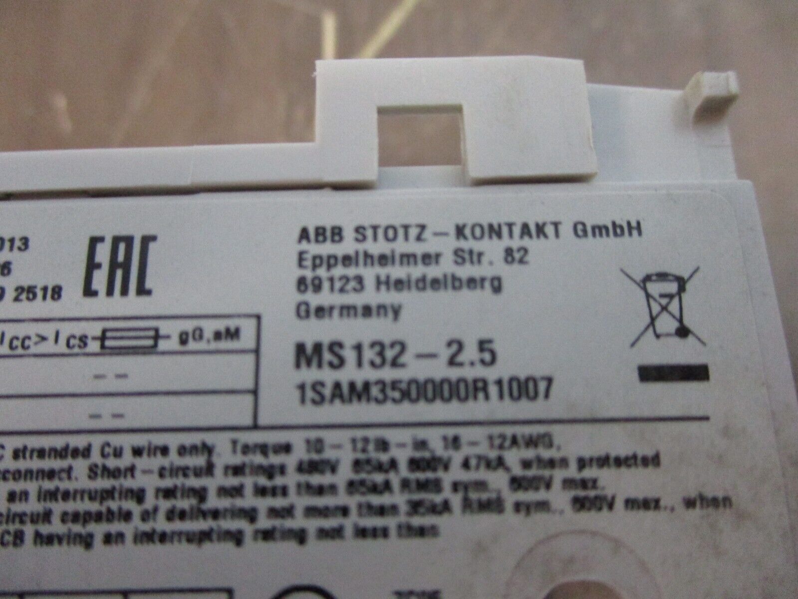 ABB Manual Starter MS132-2.5 Trip: 1.6-2.5A Used