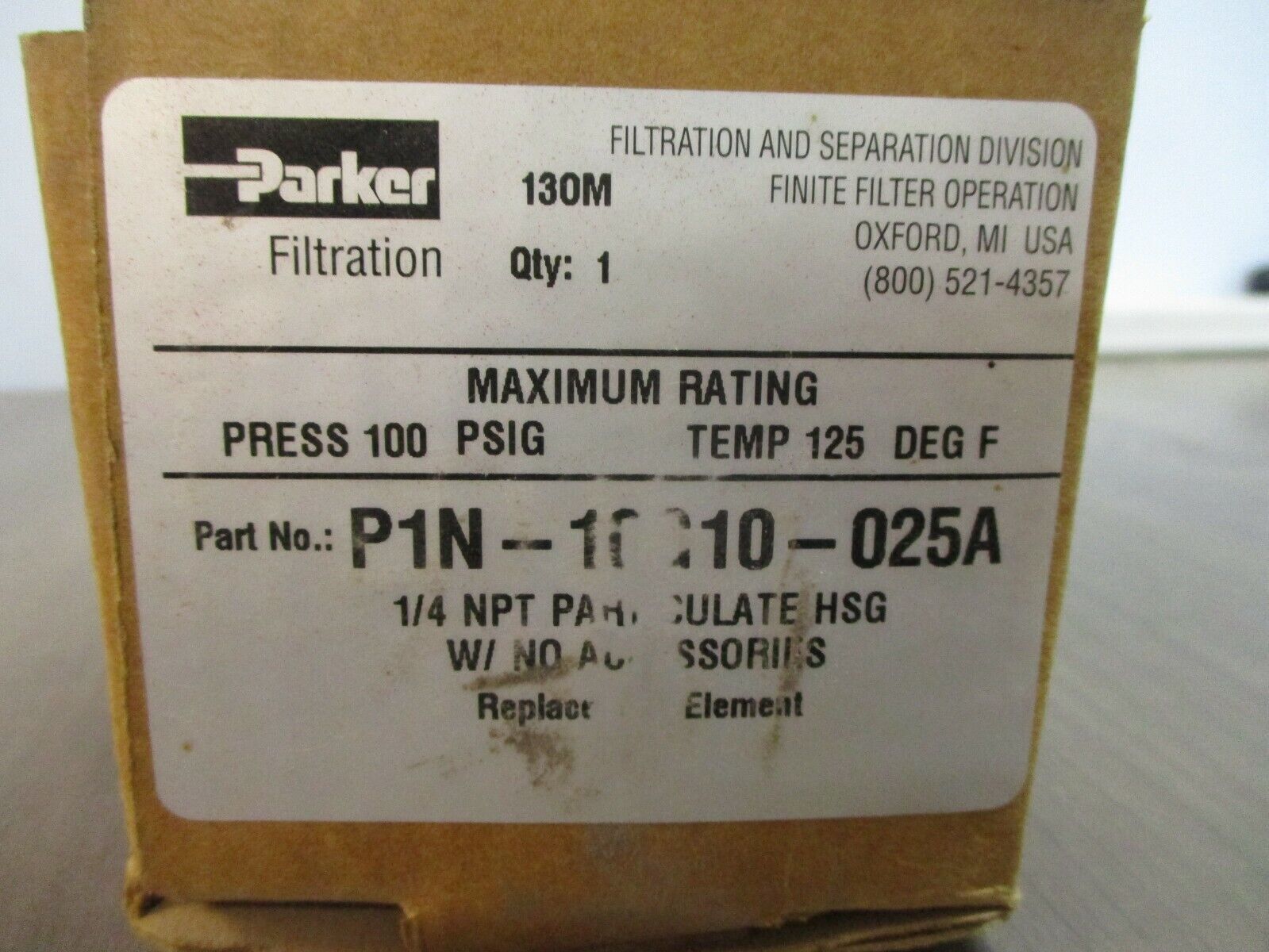 Parker Replacement Element P1N-10G10-025A 100PSIG 125°F New Surplus