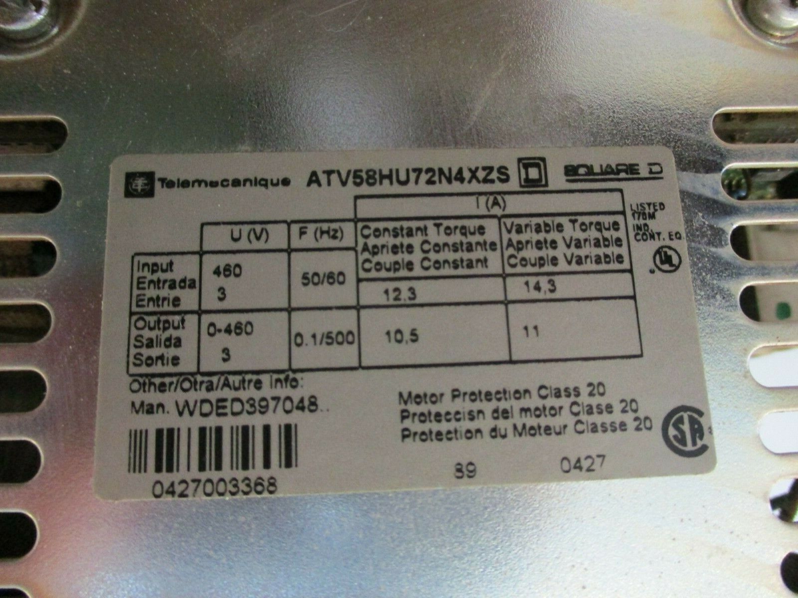Square D AC Drive ATV58HU72N4XZS 3HP 3Ph "No Keypad, No Cover" Used