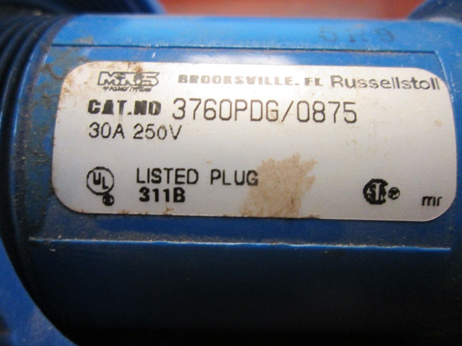 Russellstoll Plug 3760PDG/0875 30A 250V 3P 4W Used