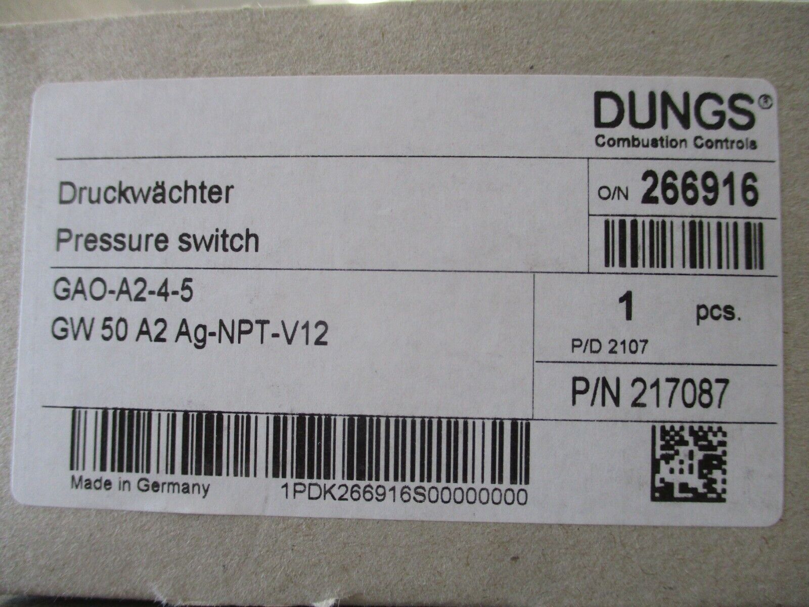 Dungs Pressure Switch 266916 GAO-A2-4-5 New Surplus