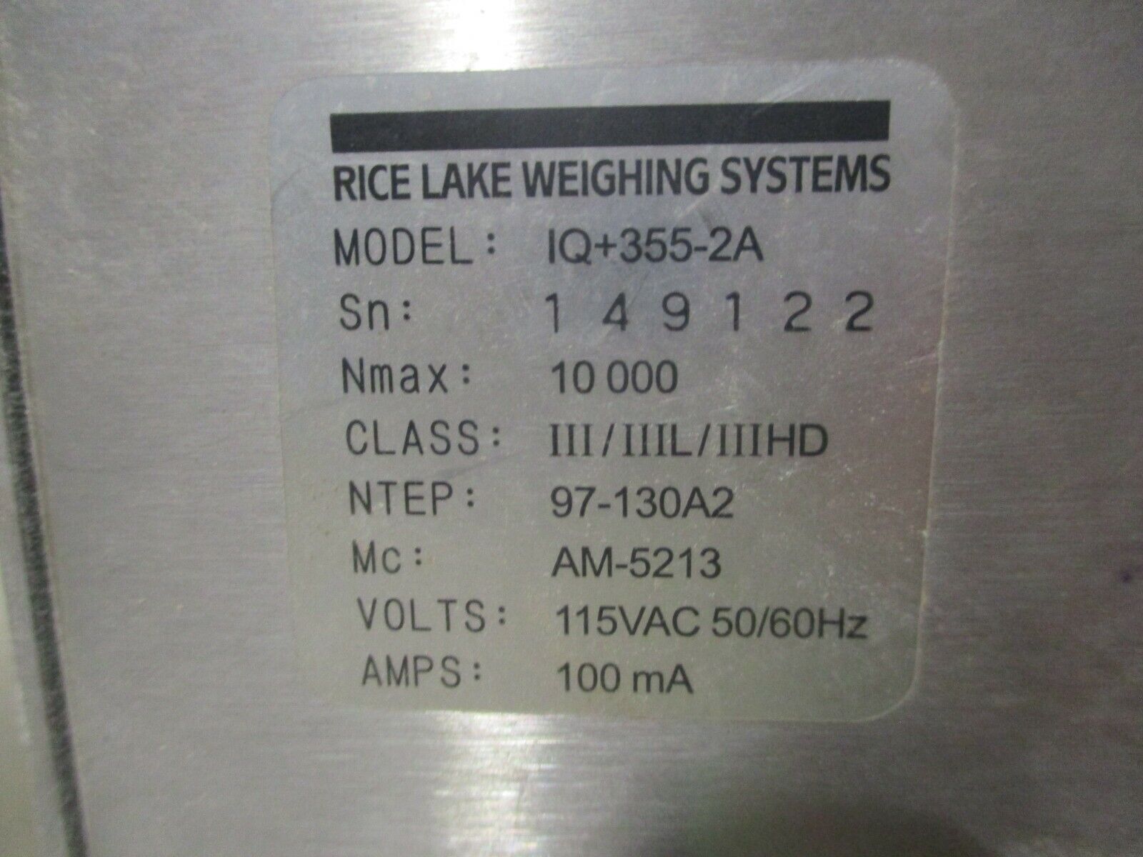 Toledo/Rice Lake Scale IQ+355-2A 1000lb Capacity 115V 50/60Hz 100mA Used