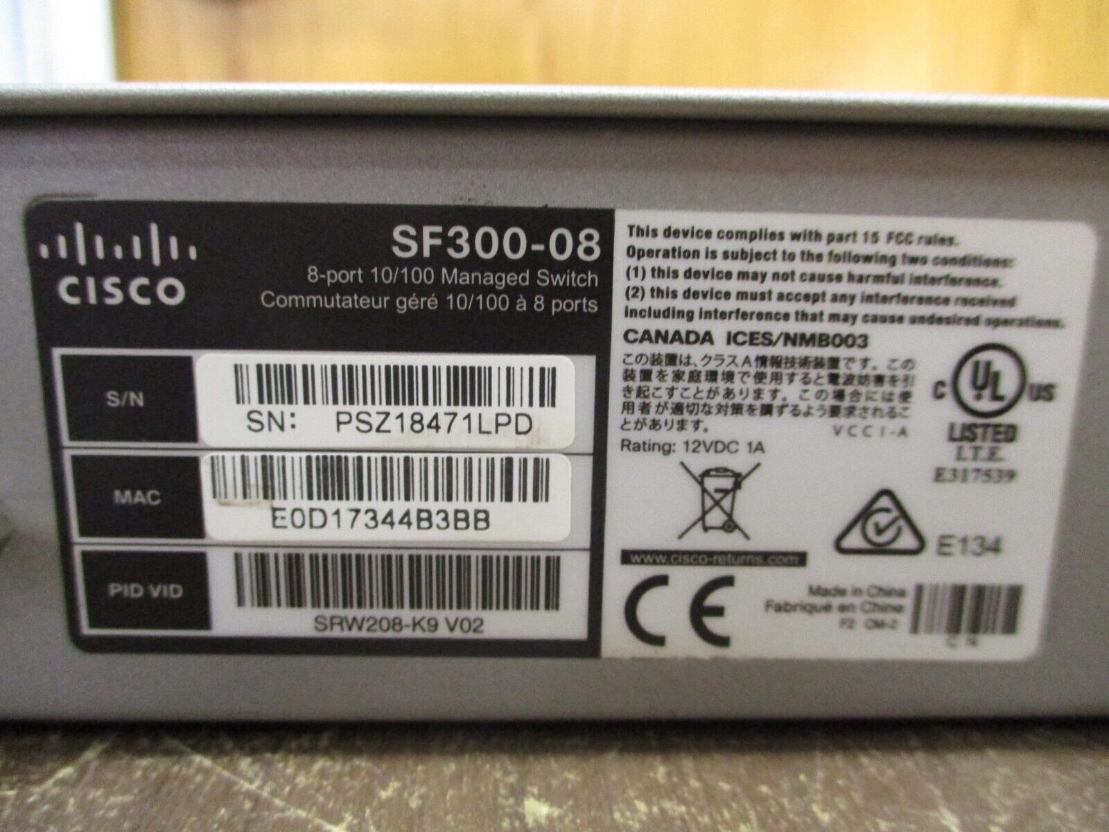 Cisco 10/100 Managed Ethernet Switch SF300-08 8-Port *No Power Cord* Used