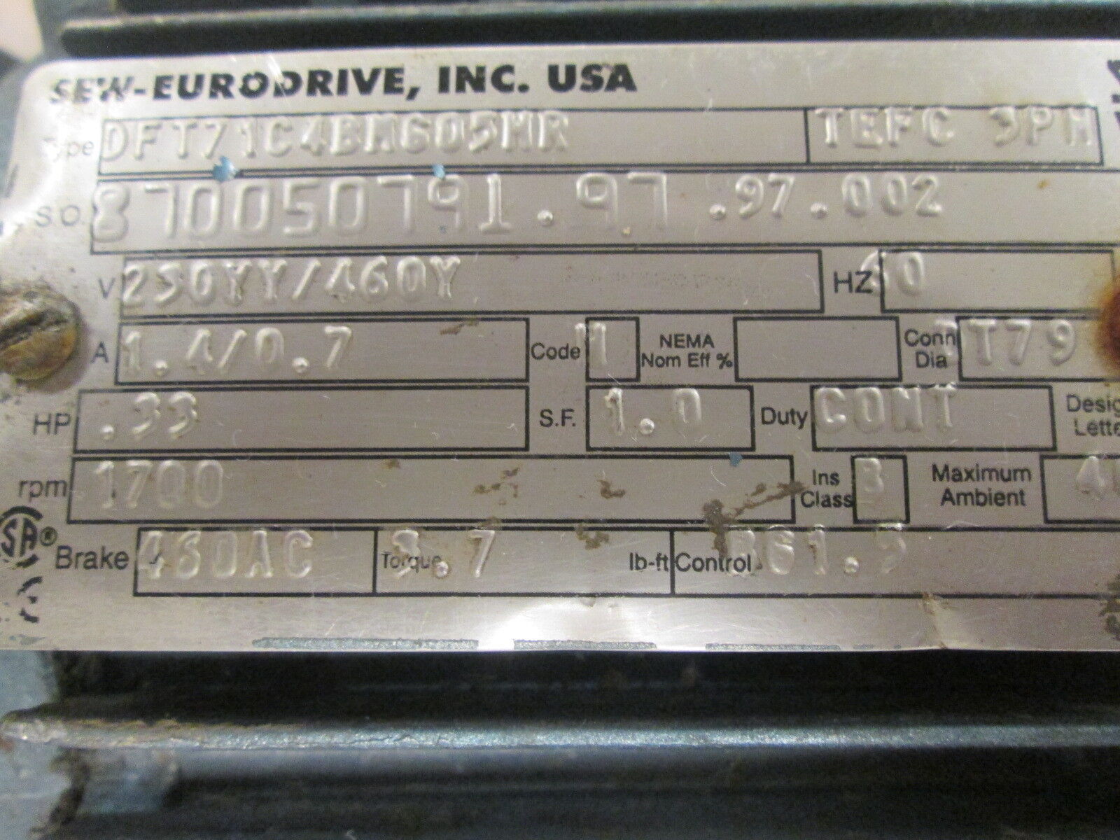 SEW-Eurodrive Gearmotor DFT71C4BNG05HR .33HP 43RPM Out ENCL:TEFC 230YY/460V Used