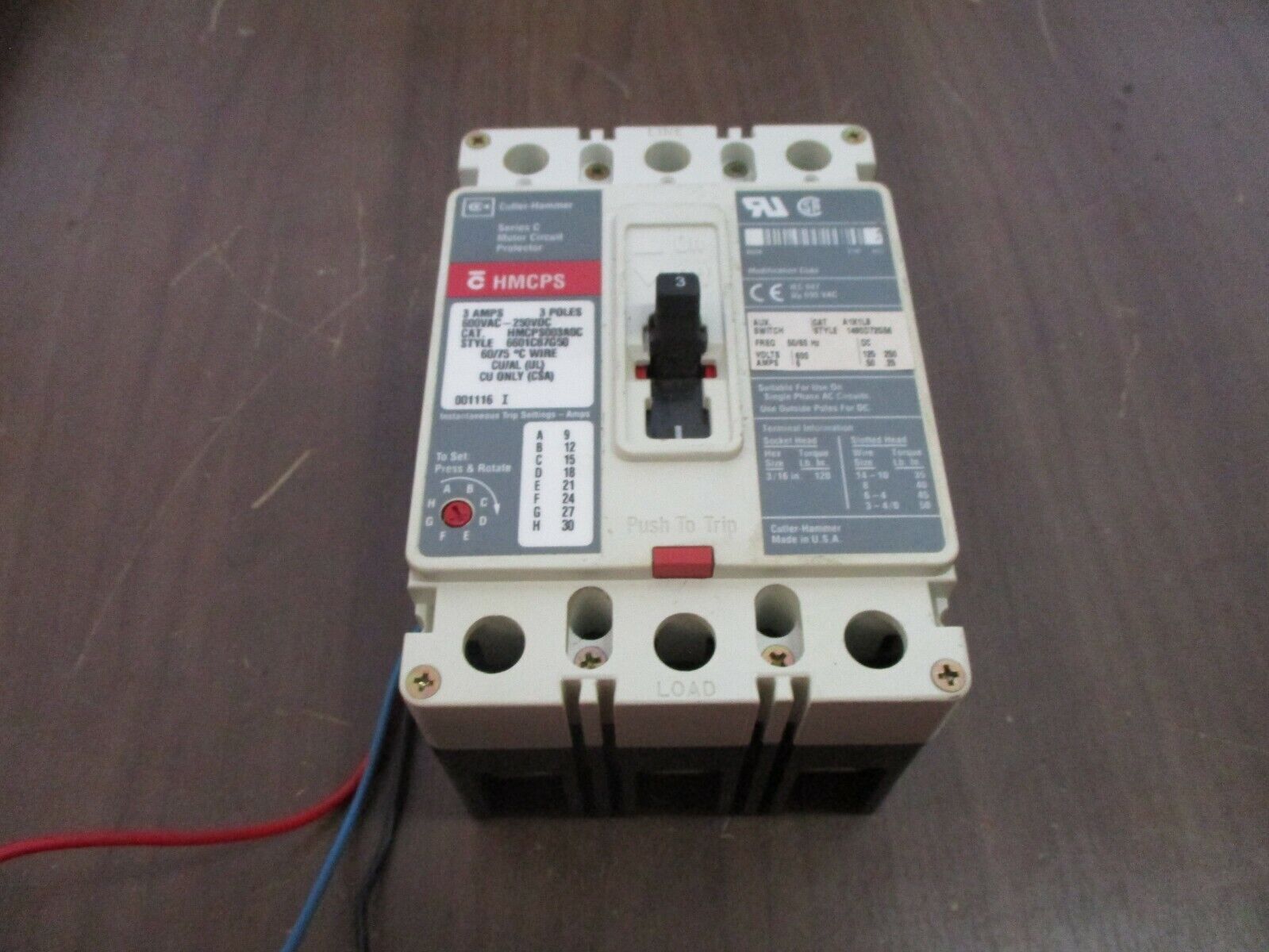 Cutler-Hammer / Westinghouse Circuit Breaker w/ Aux HMCP003A0C 3A 600V 3P Used