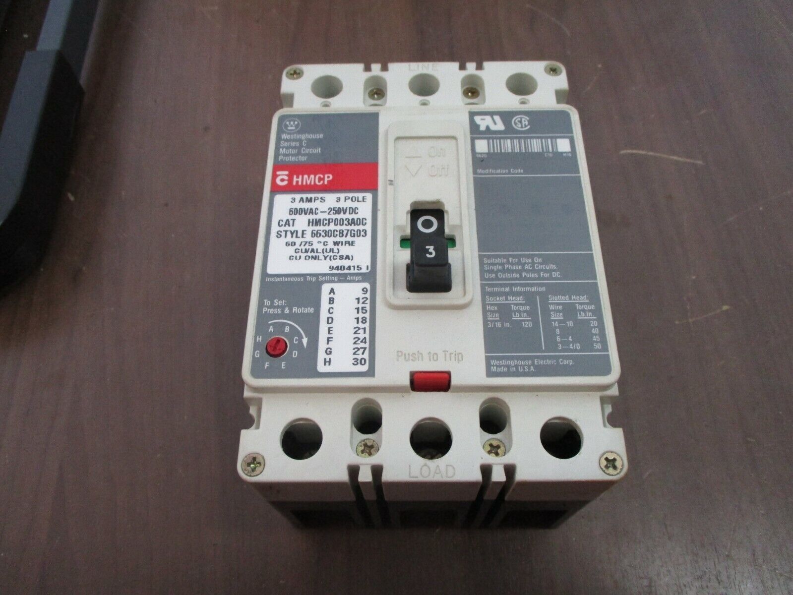 Westinghouse Circuit Breaker HMCP003A0C 3A 600V 3P Used