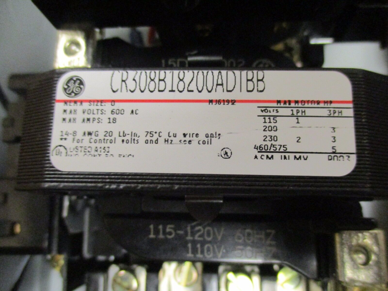 GE Enclosed Starter w/ Control Transformer CR308B18200AD188 Size 0 600V 18A