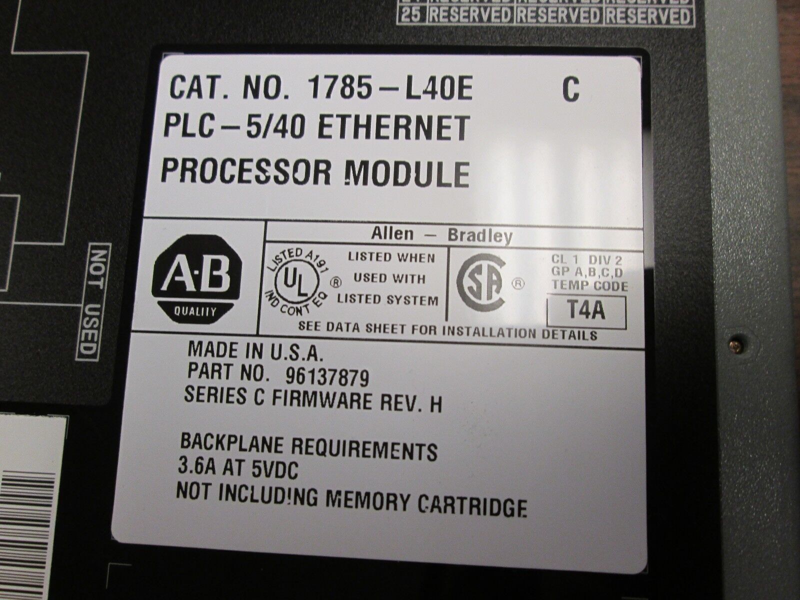 Allen-Bradley Ethernet Processor Module 1785-L40E PLC-5/40 Series C FMW Rev H