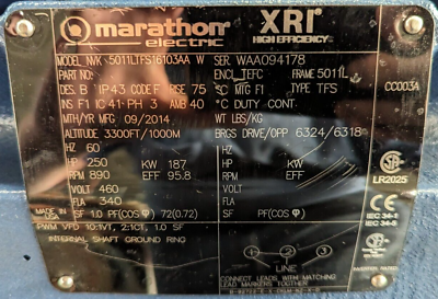 Marathon Electric Motor NVK 5011LTFS16103AA W 250HP 900RPM 460V 340A 60Hz 3Ph