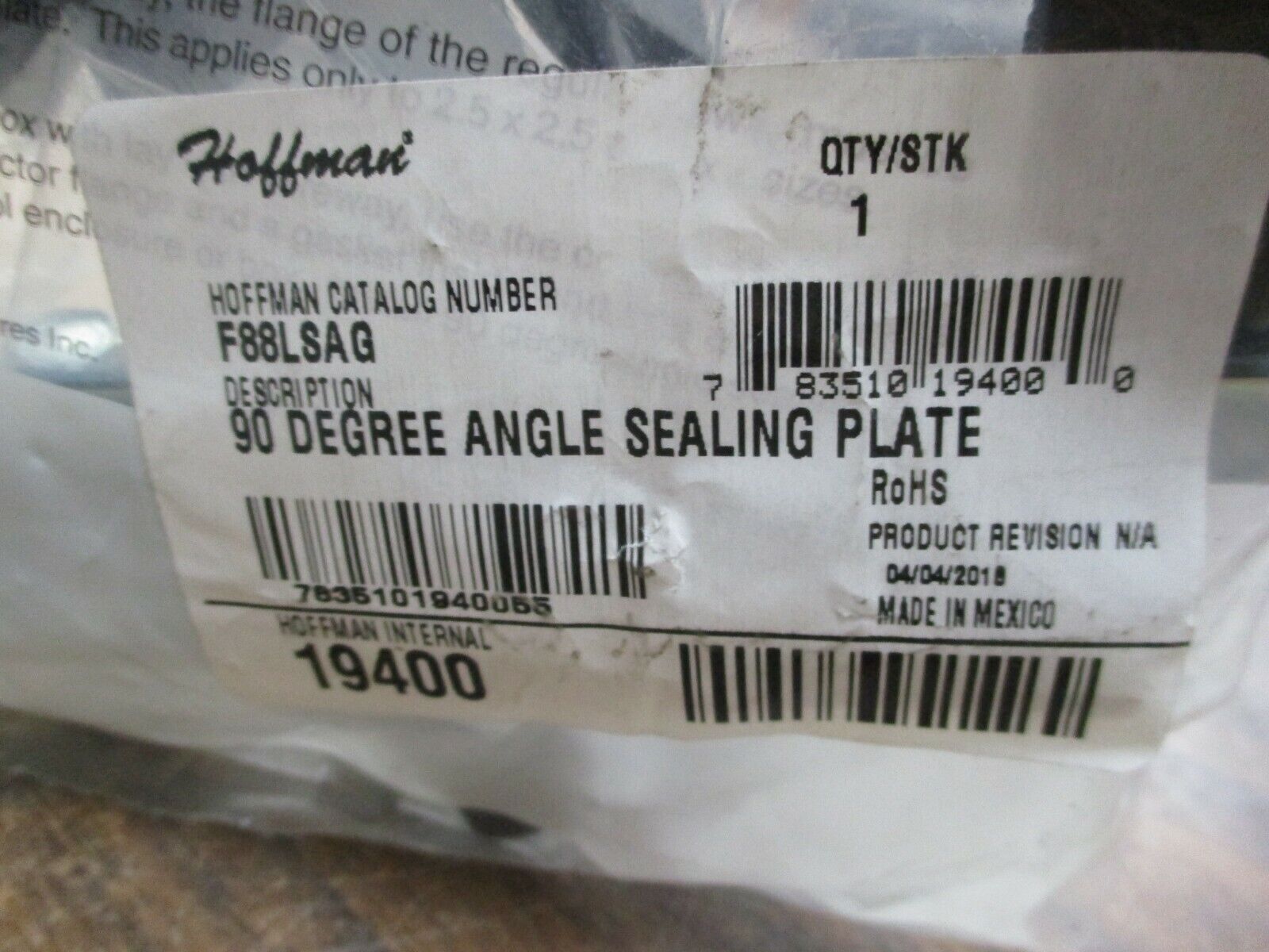 Hoffman Sealing Plate F88LSAG 90° Angle Size: 8x8" New Surplus